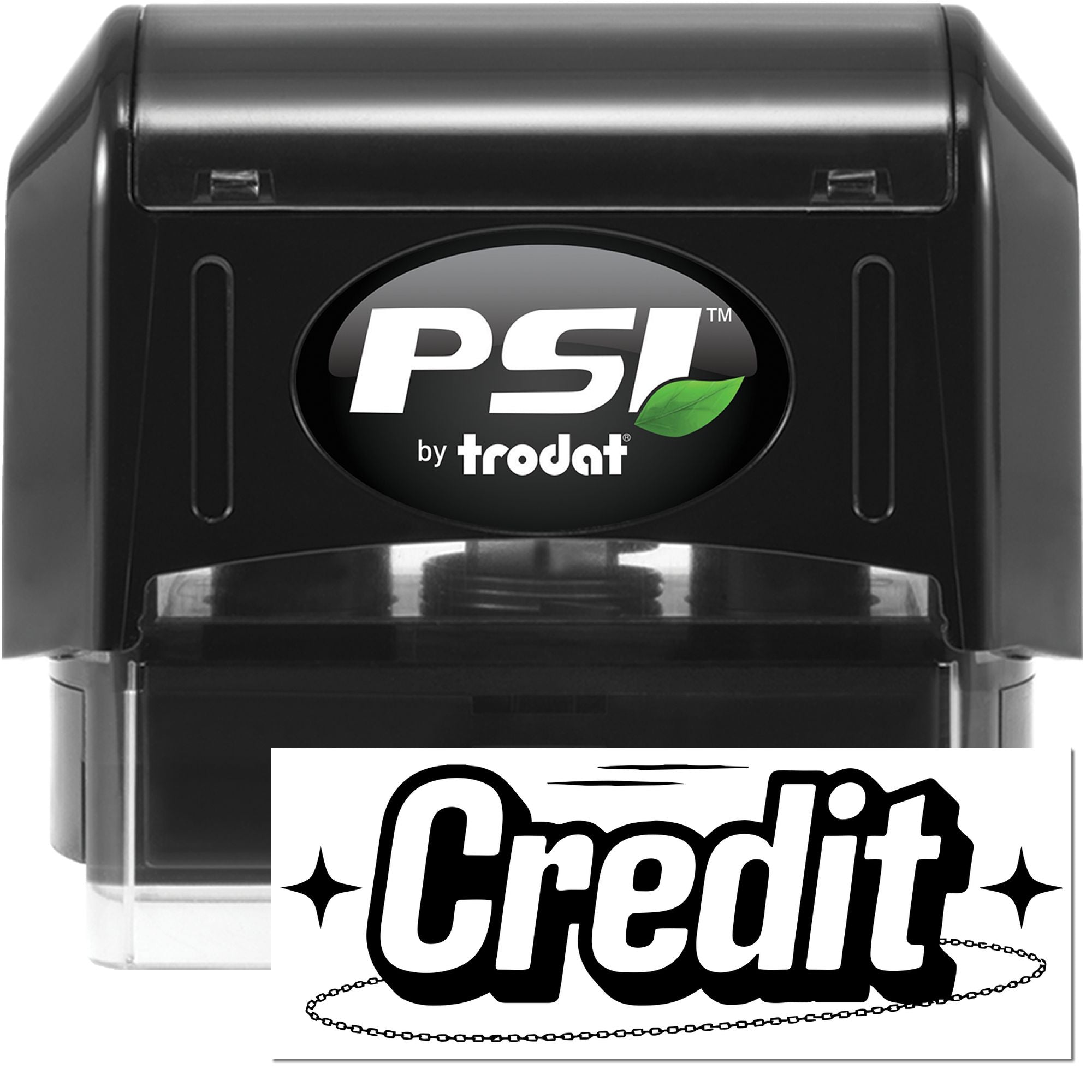PSI by Trodat self-inking rubber stamp with Credit imprint for marking invoices, receipts, and financial documents.