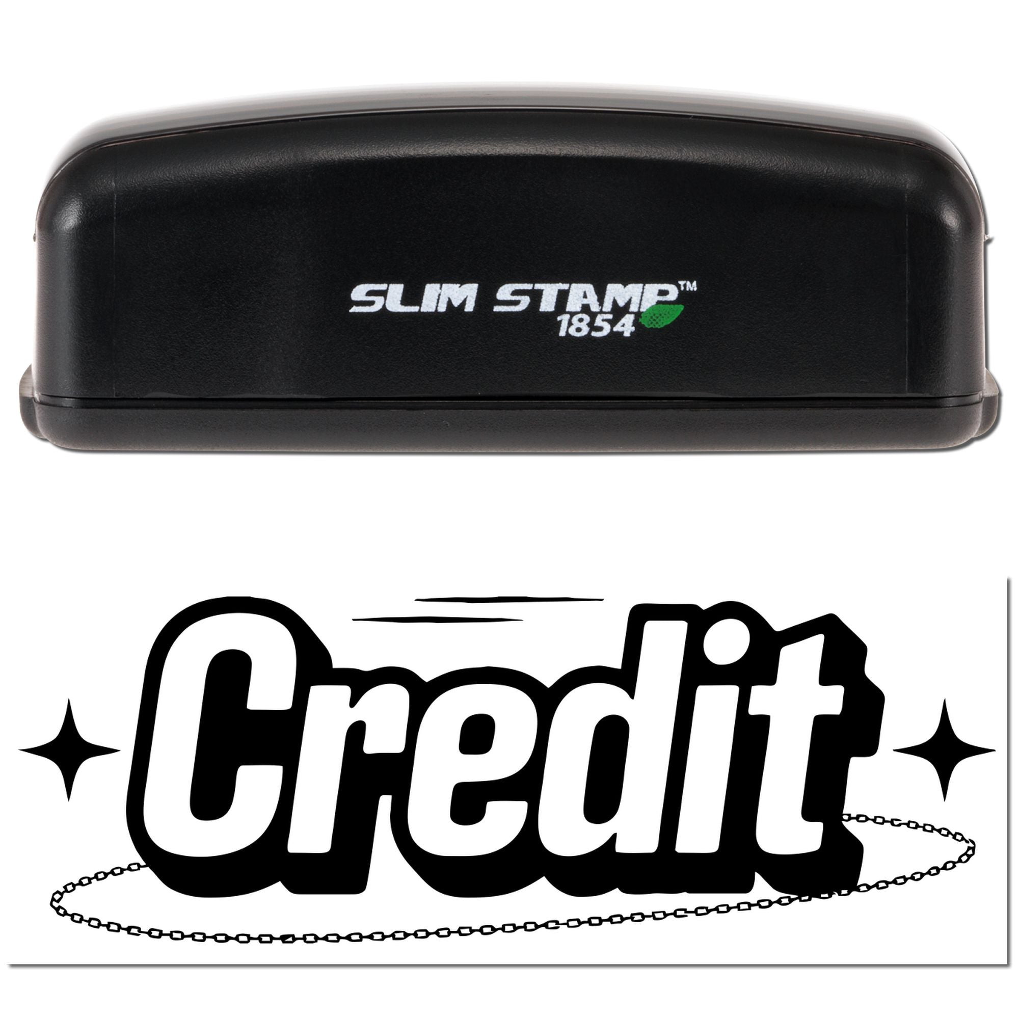 Slim Stamp 1854 pre-inked rubber stamp with Credit logo design for branding, packaging, and business marking.