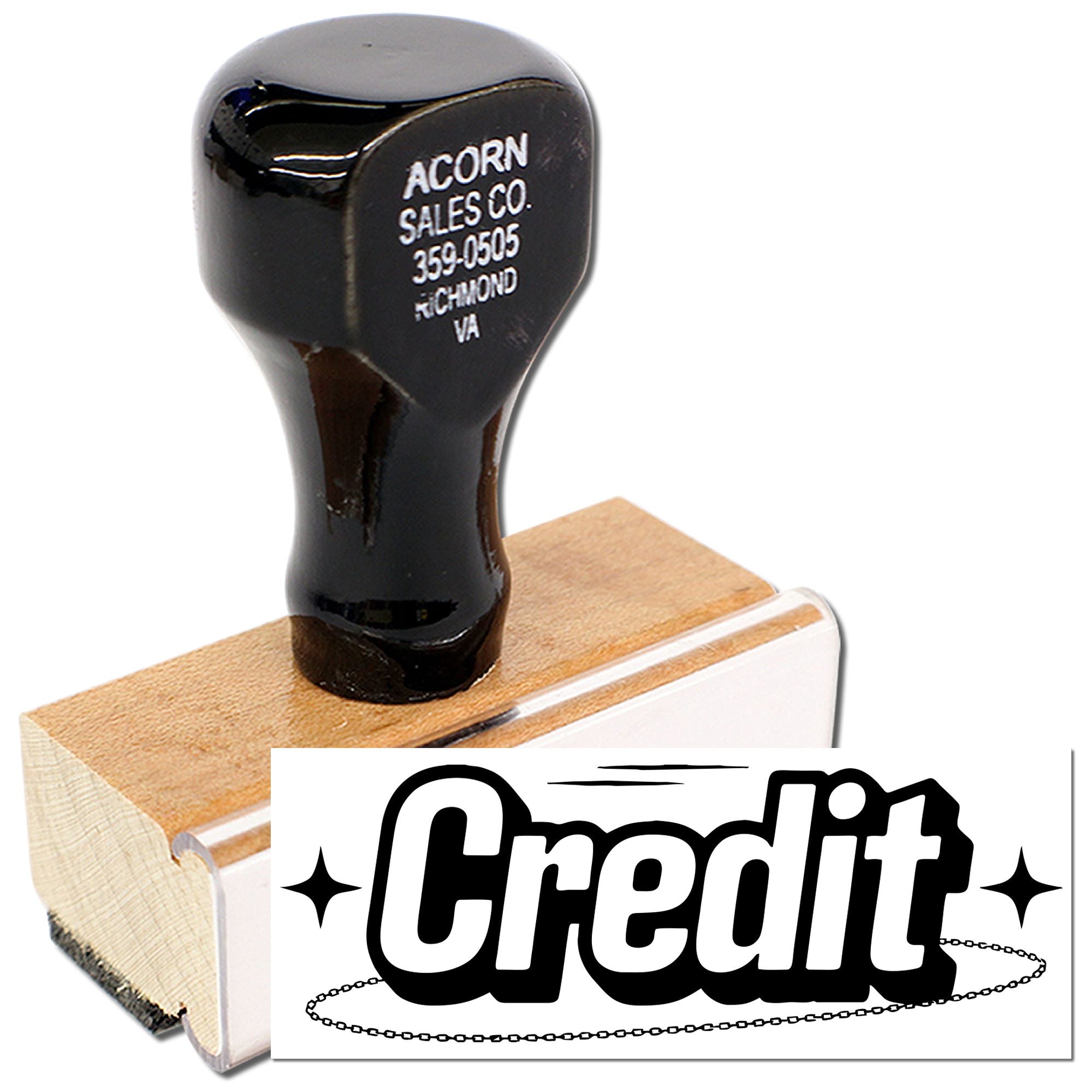 Custom credit rubber stamp with wood handle for business accounting and office use.