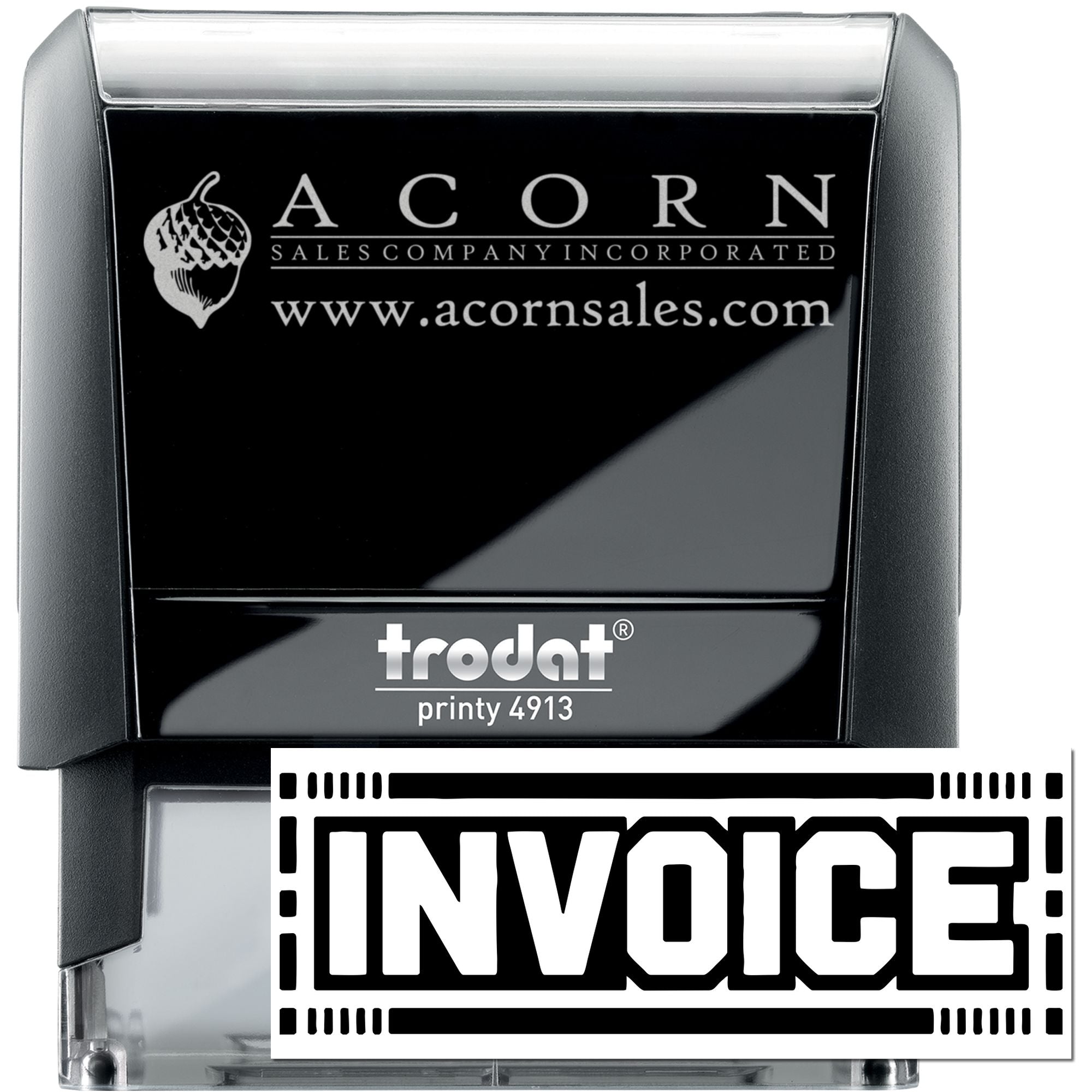 Custom self-inking invoice rubber stamp, Trodat Printy 4913, with Acorn Sales Company logo and website.