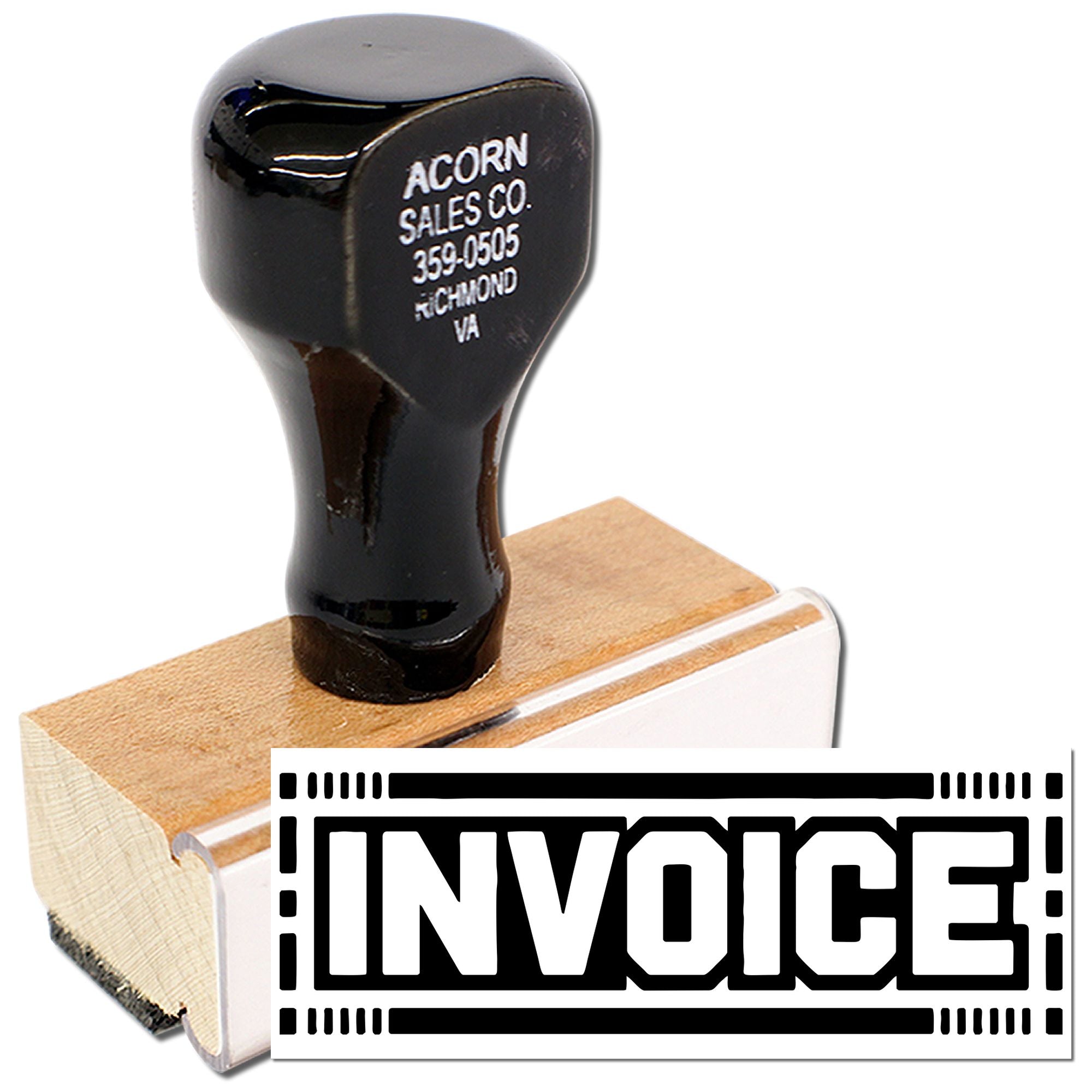 Custom invoice rubber stamp with wooden handle for marking sales paperwork and business documents.