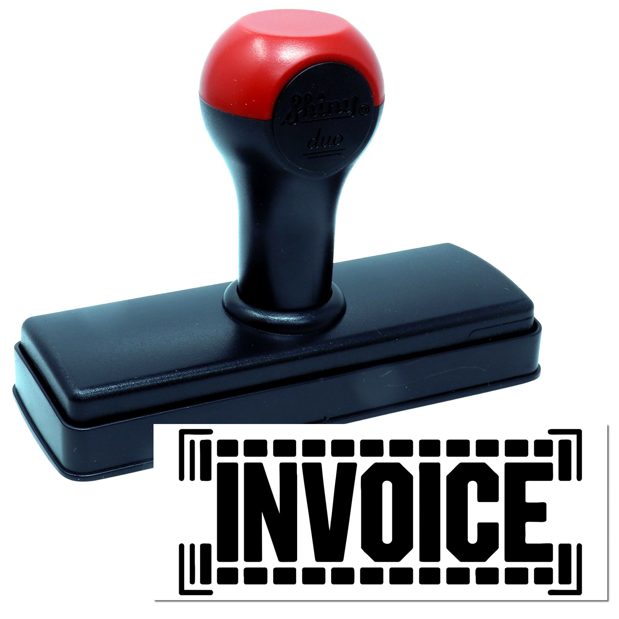 Invoice self-inking rubber stamp for fast document marking in offices and billing departments.