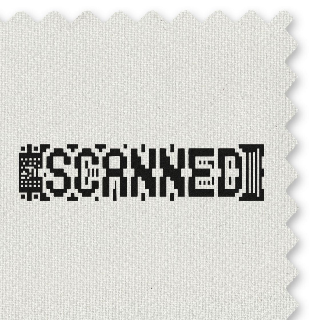 Rubber stamp design with bold SCANNED text, styled like a barcode imprint on textured paper fabric.