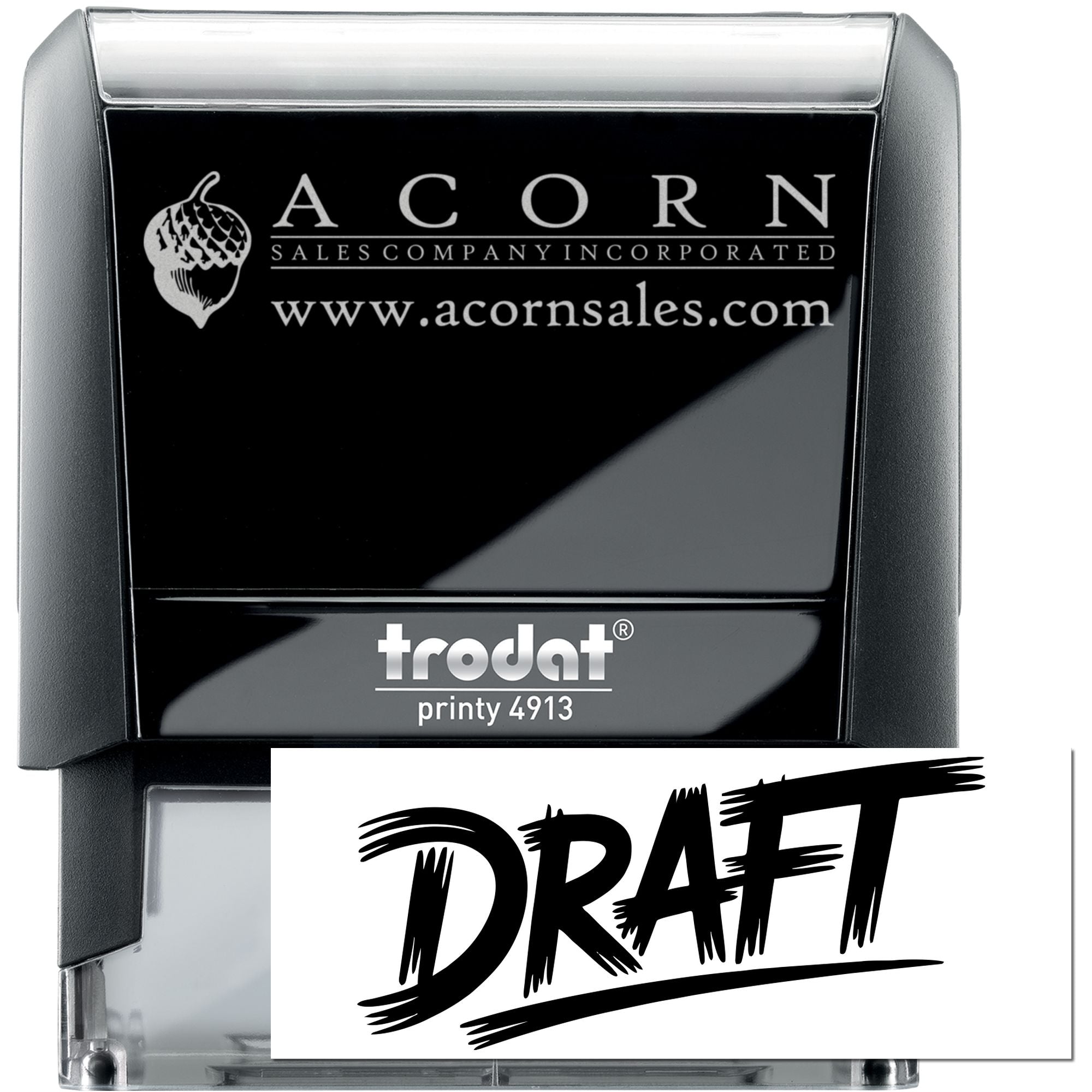Custom self-inking rubber stamp, Trodat Printy 4913, featuring Acorn Sales Company logo and website with draft imprint preview.