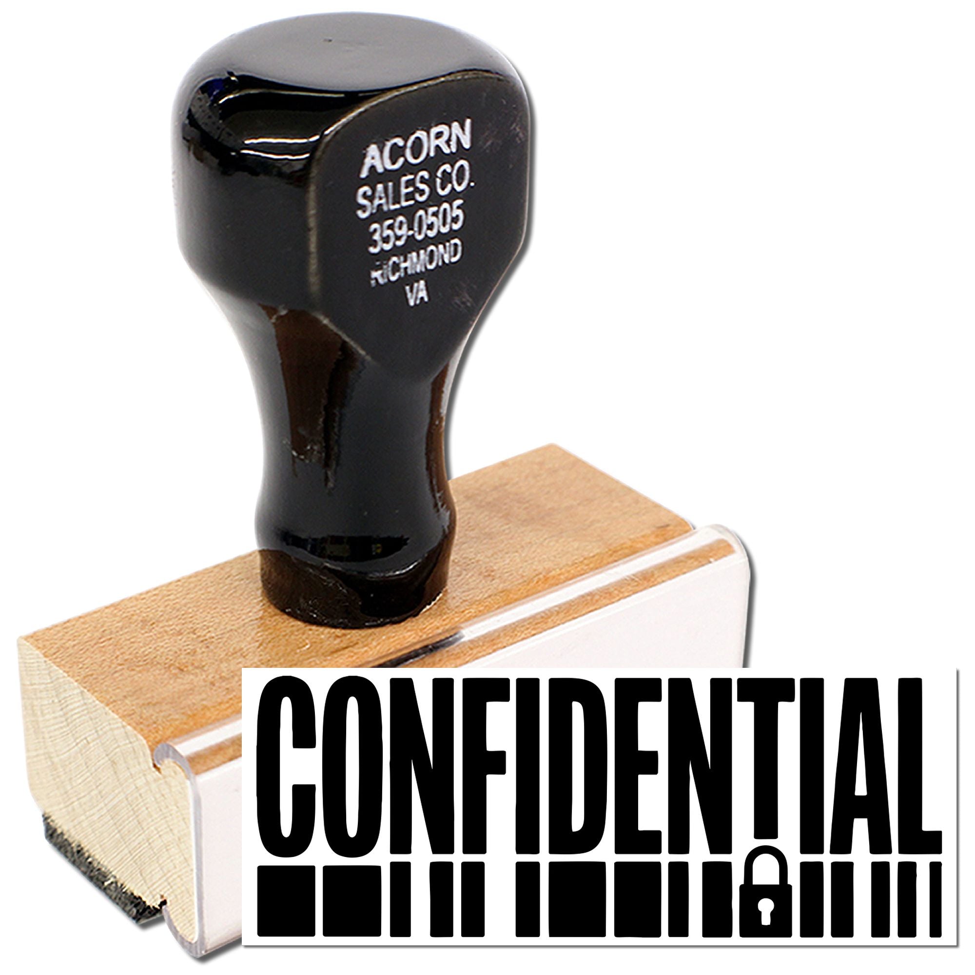 Custom self-inking confidential rubber stamp with lock icon for secure document marking and office files.