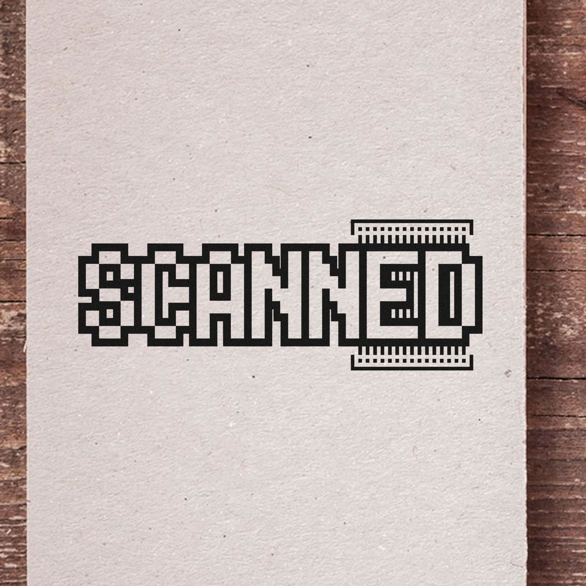 Pixel-style SCANNED rubber stamp impression on textured paper, ideal for vintage tech, archive, or approval branding.