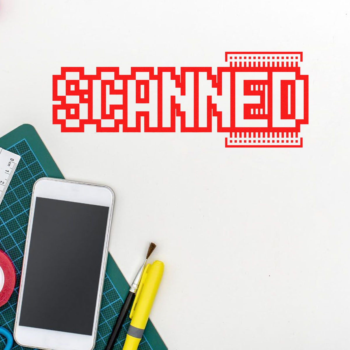 Red SCANNED rubber stamp graphic for document processing, shown with crafting tools on a white background.