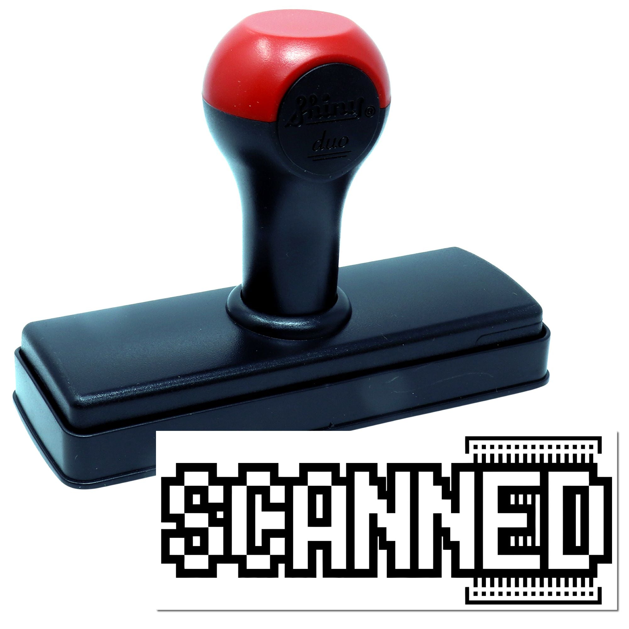 Custom self-inking rubber stamp with QR code-style imprint for business branding, labeling, and packaging.
