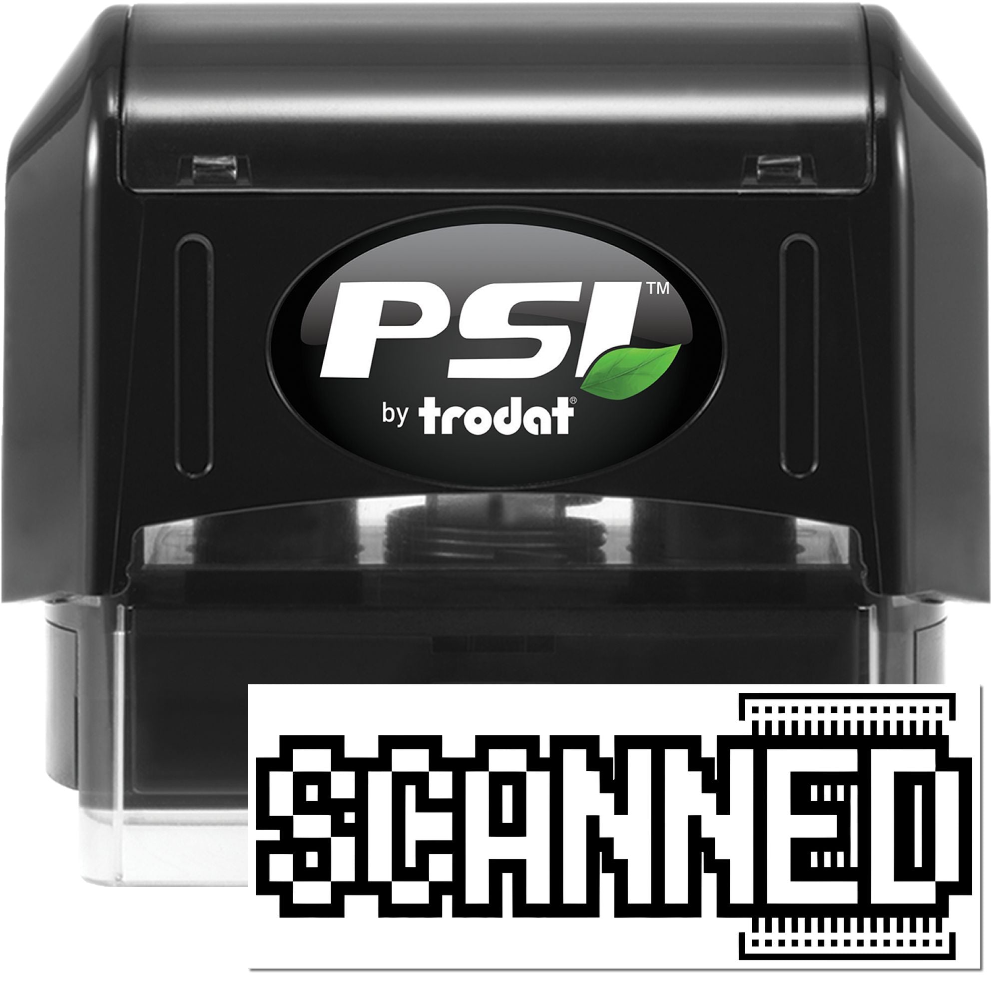 PSI by Trodat self-inking rubber stamp with SCANNED imprint for office document tracking and file processing.