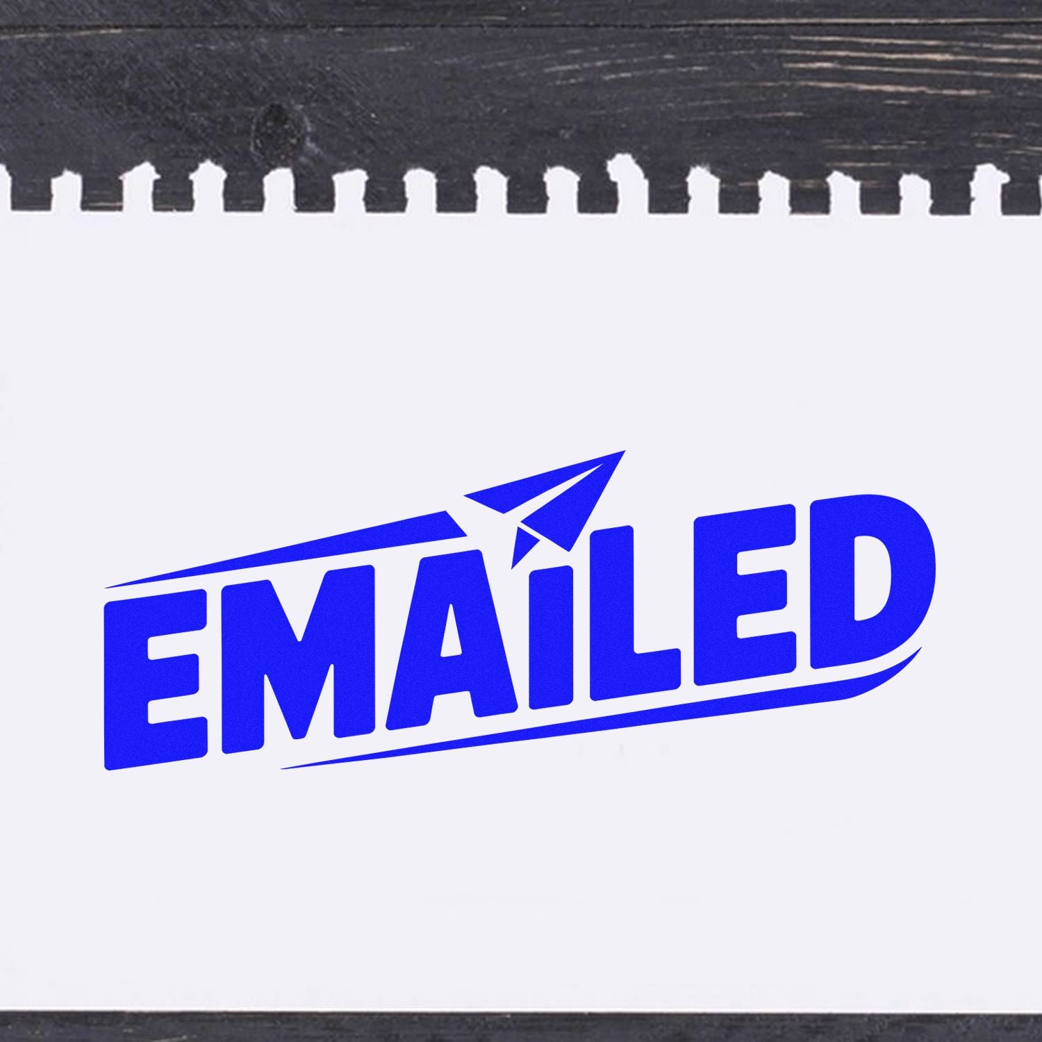 Blue Emailed rubber stamp impression with paper airplane icon for marking sent correspondence.