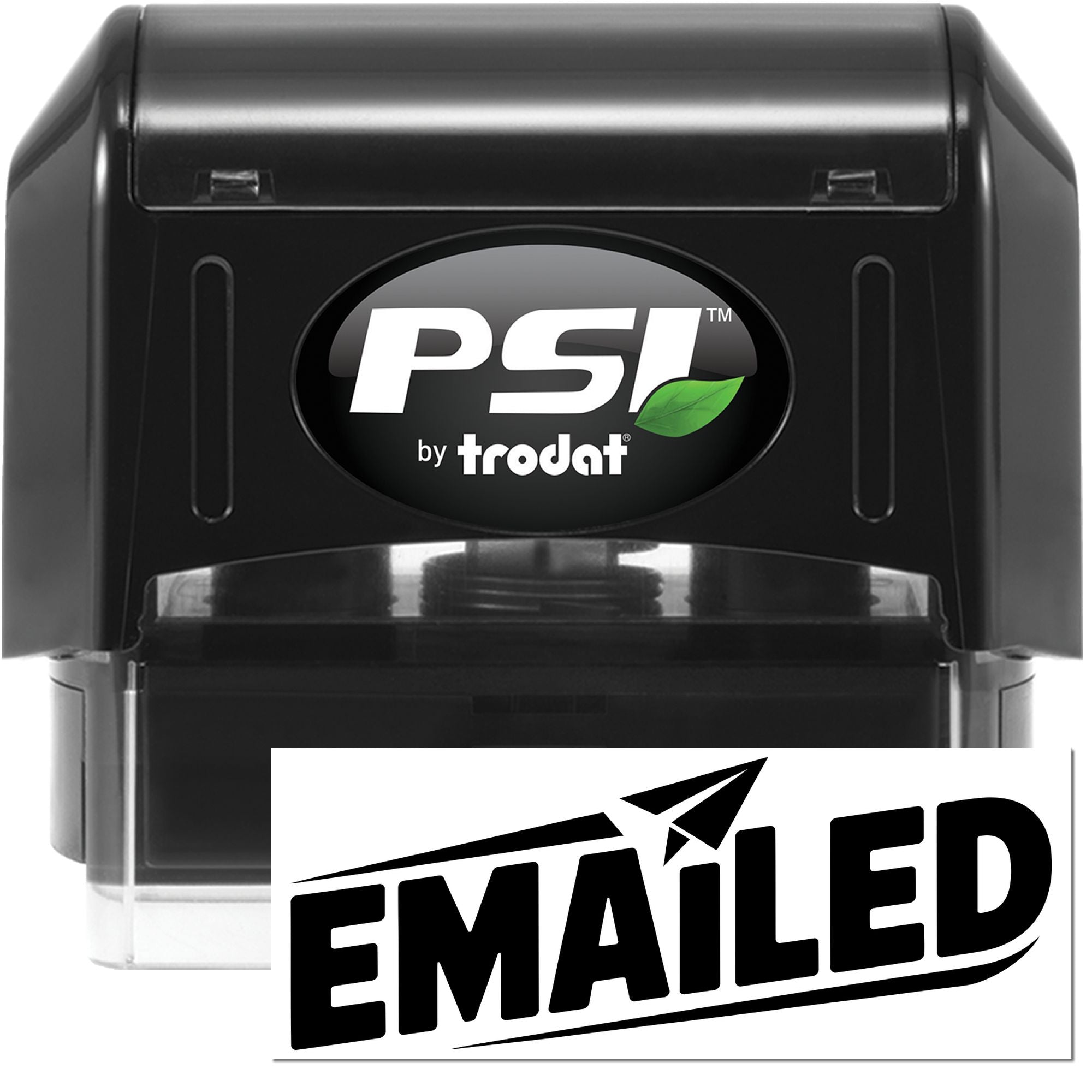PSI by Trodat self-inking rubber stamp with EMAILED imprint for office document processing and mail tracking.