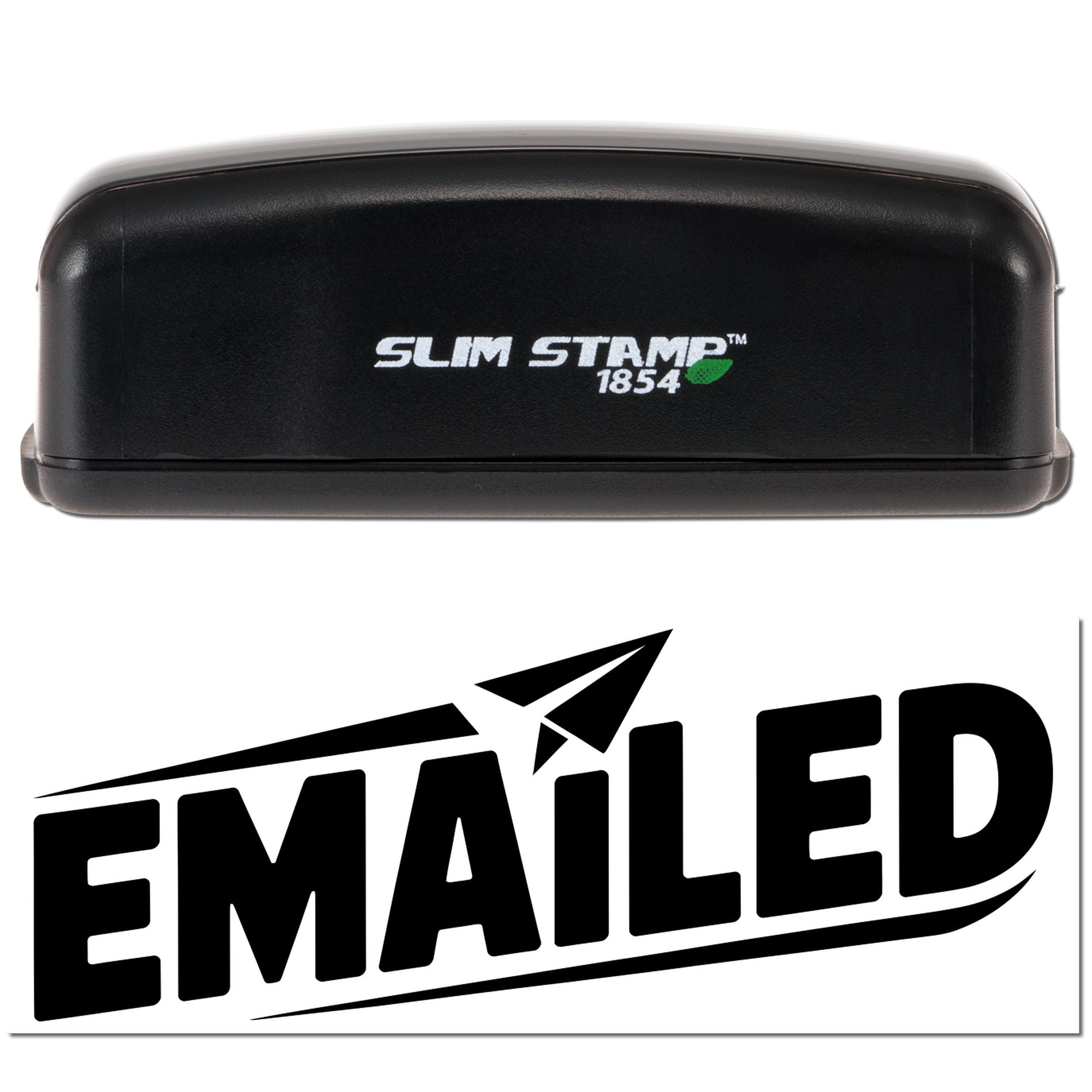 Slim Stamp 1854 self-inking rubber stamp with Emailed paper airplane imprint for office mail marking.