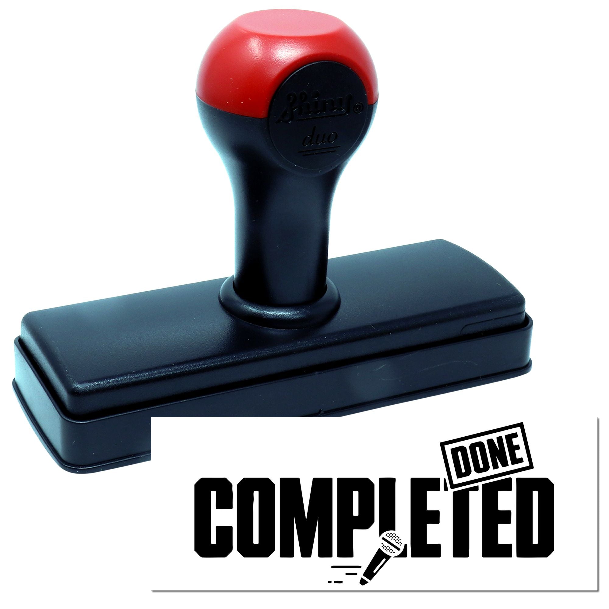 Self-inking rubber stamp with Done Completed imprint for office approval, task tracking, and document processing.