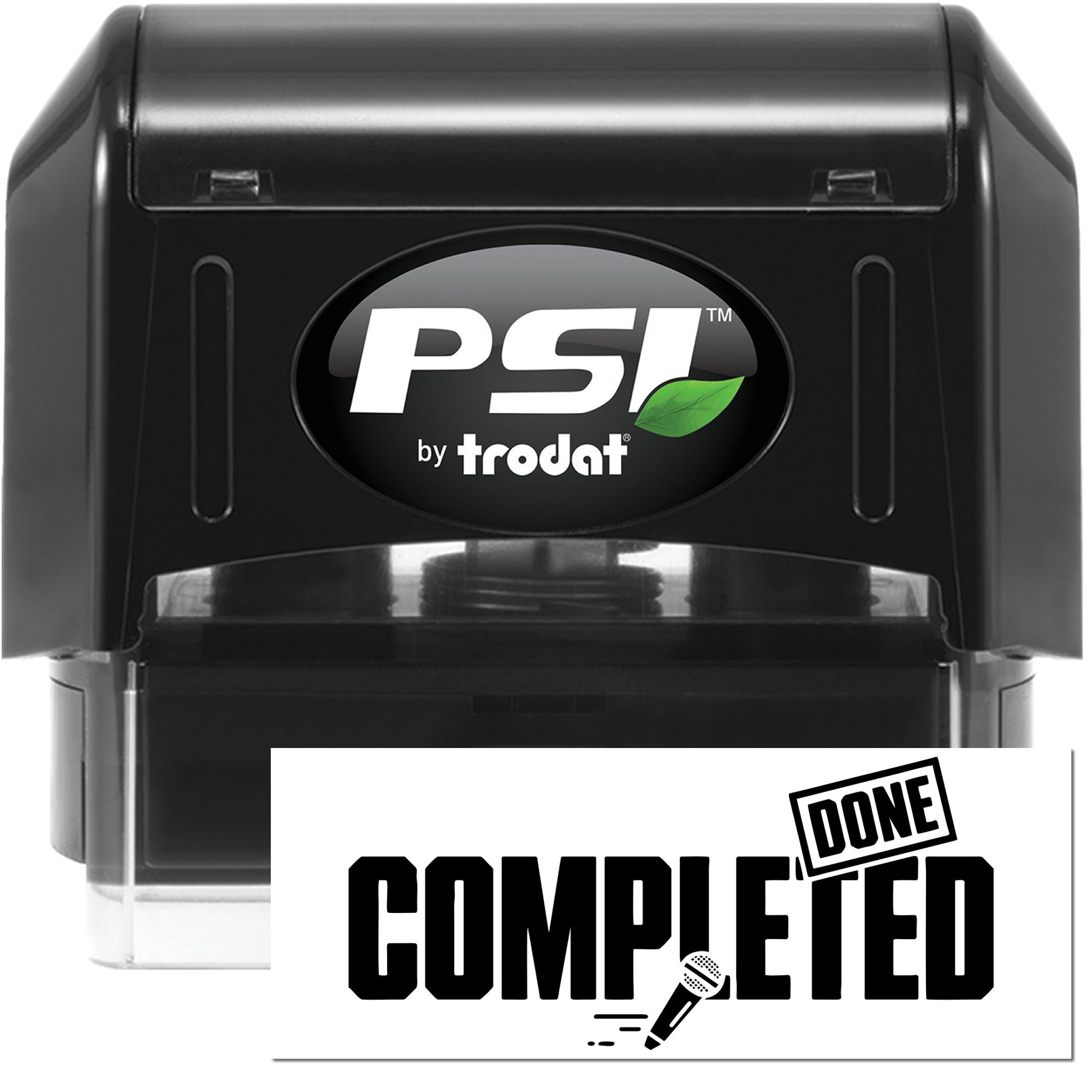 PSI by Trodat self-inking rubber stamp with bold COMPLETED and DONE imprint for office approval marking.