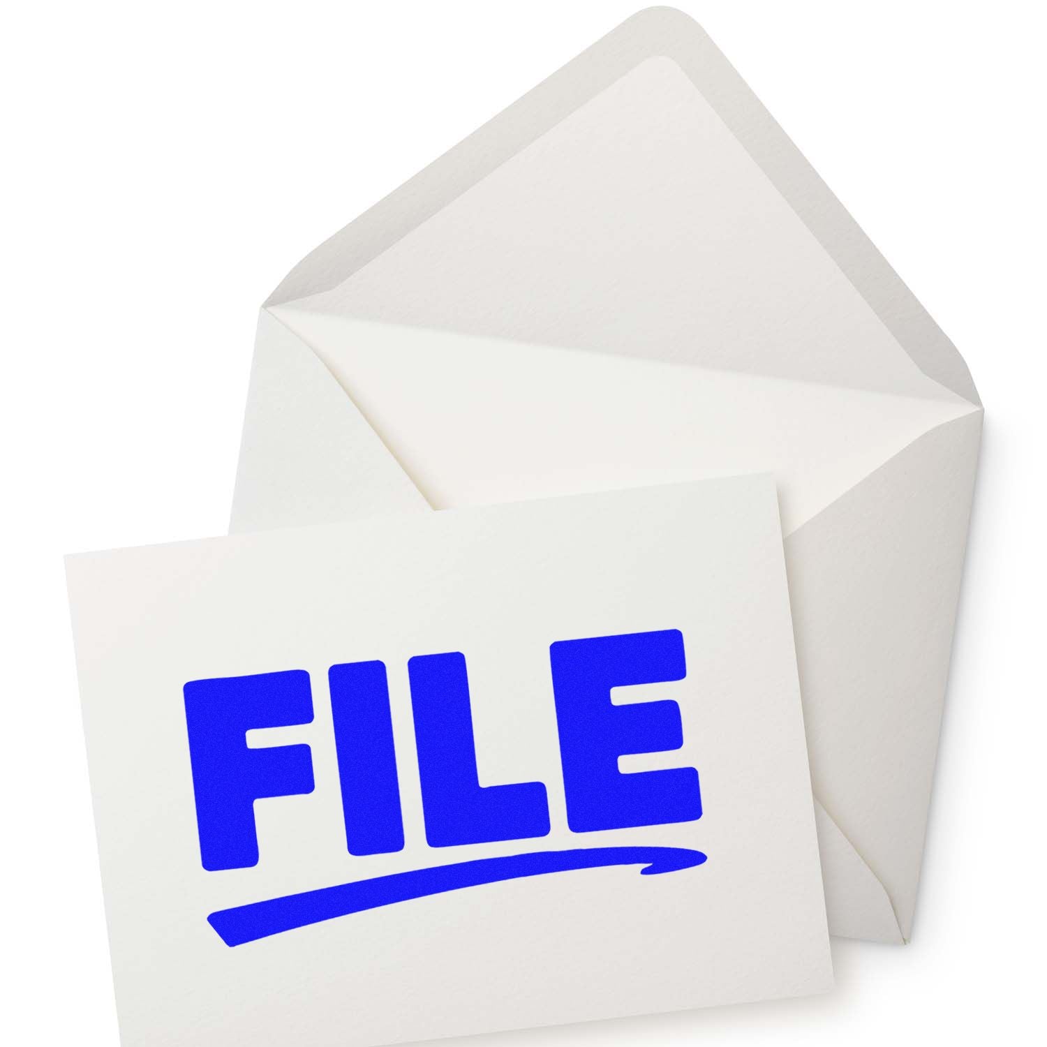 Blue FILE rubber stamp on document in open envelope, ideal for office filing and records management.