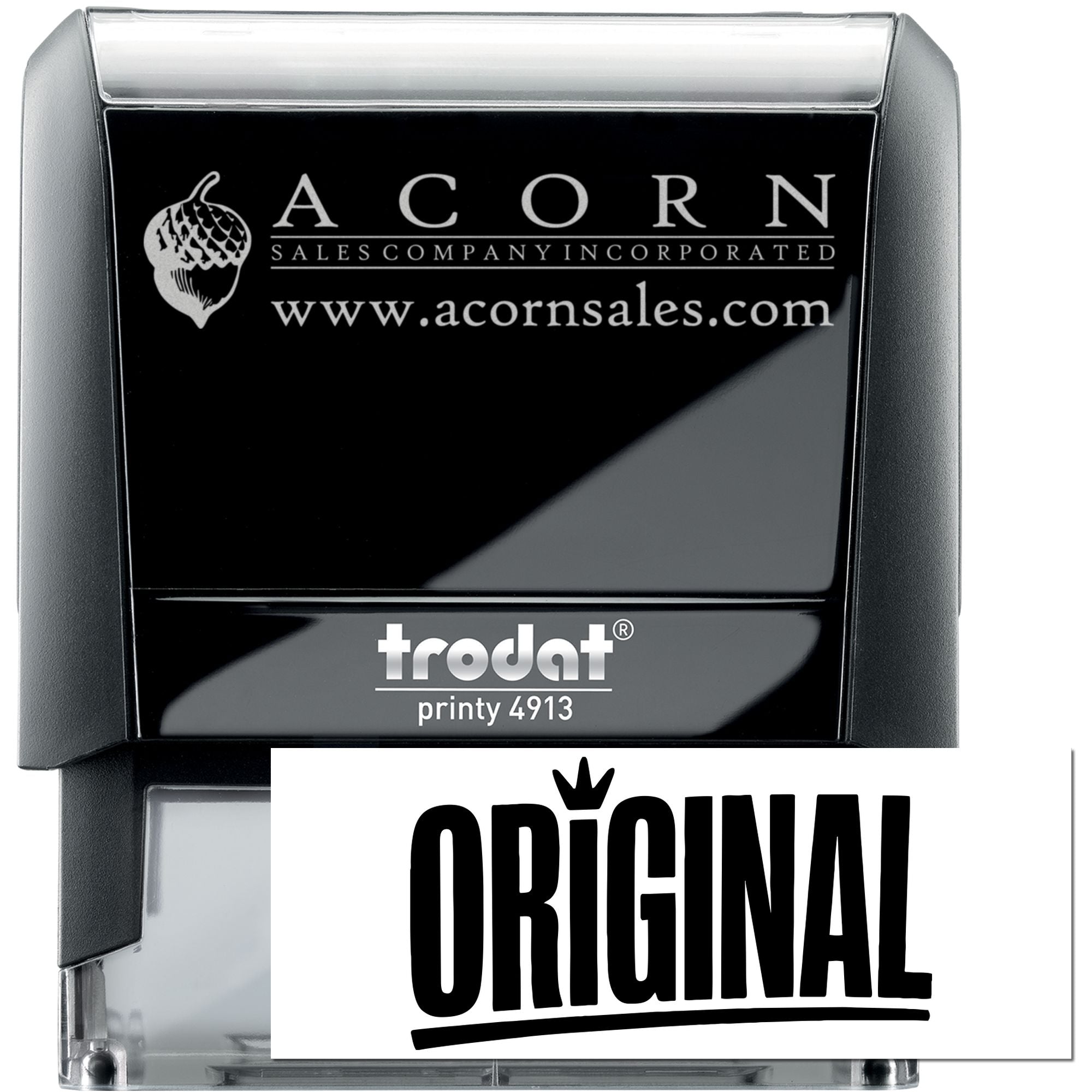 Custom self-inking rubber stamp with Acorn Sales Company logo, name, and website, Trodat Printy 4913.