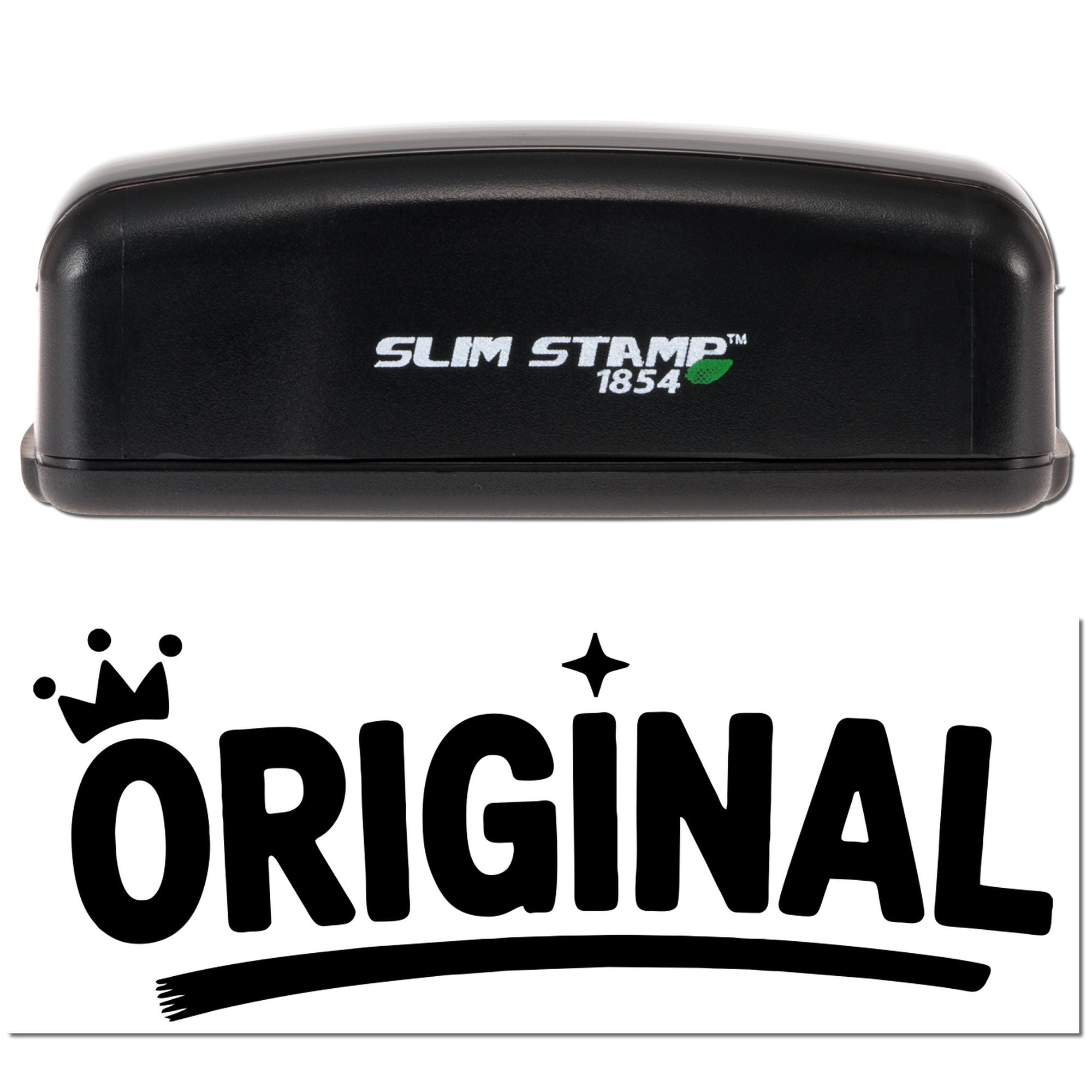 Slim Stamp 1854 rubber stamp with Original imprint, compact black stamp for custom branding and office use
