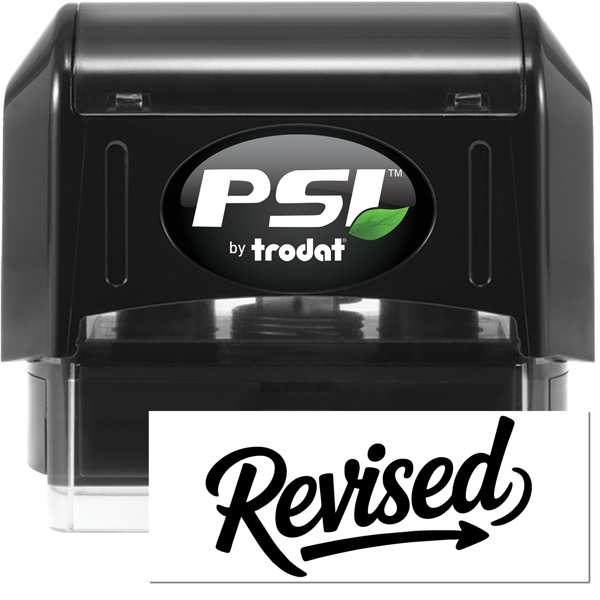 PSI by Trodat self-inking rubber stamp with custom Revised imprint for office document approval.