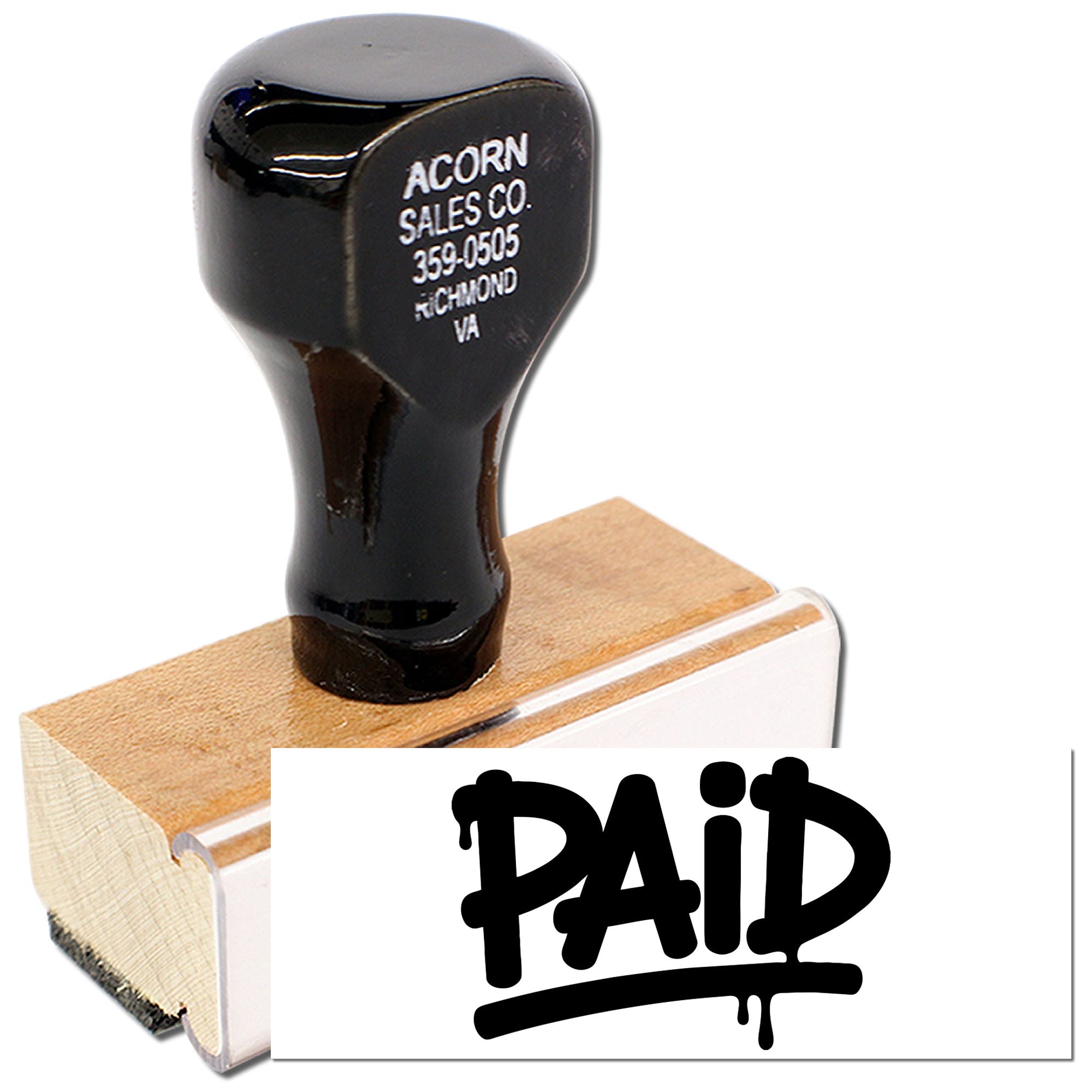 Custom PAID rubber stamp with wooden handle for invoice processing, office accounting, and paid receipt marking.