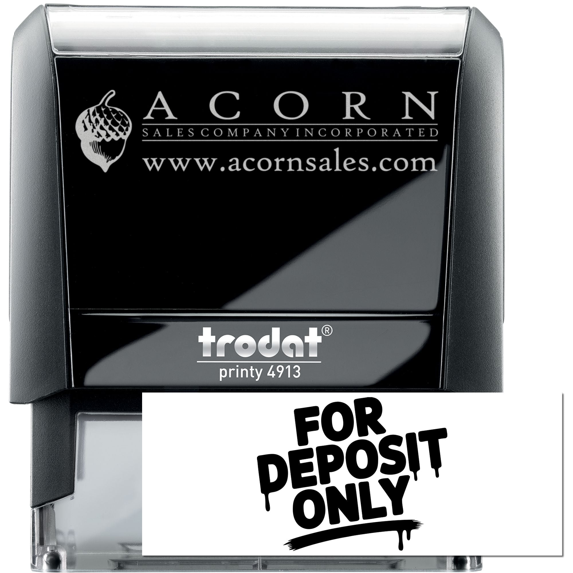 Custom Trodat Printy 4913 self-inking rubber stamp with company logo and For Deposit Only imprint.