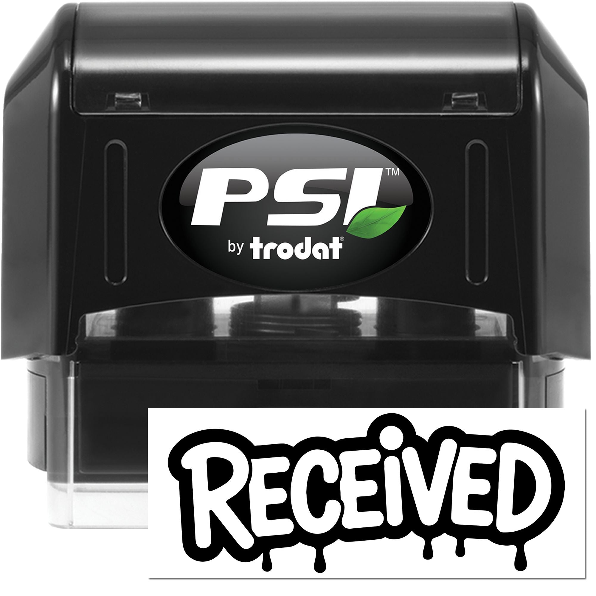 PSI by Trodat self-inking RECEIVED rubber stamp for marking incoming office documents and mail quickly.