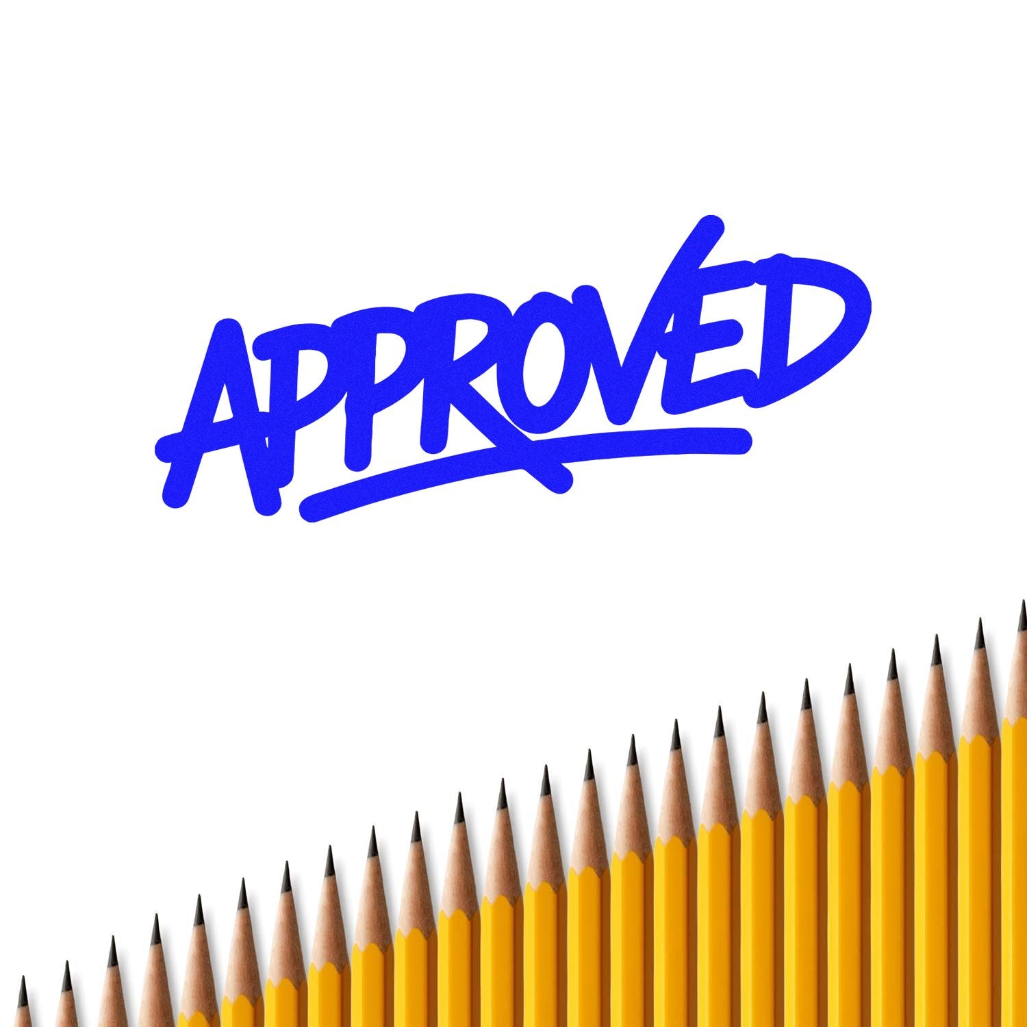 Blue approved rubber stamp graphic over white background with pencils, ideal for office paperwork, forms and school grading.