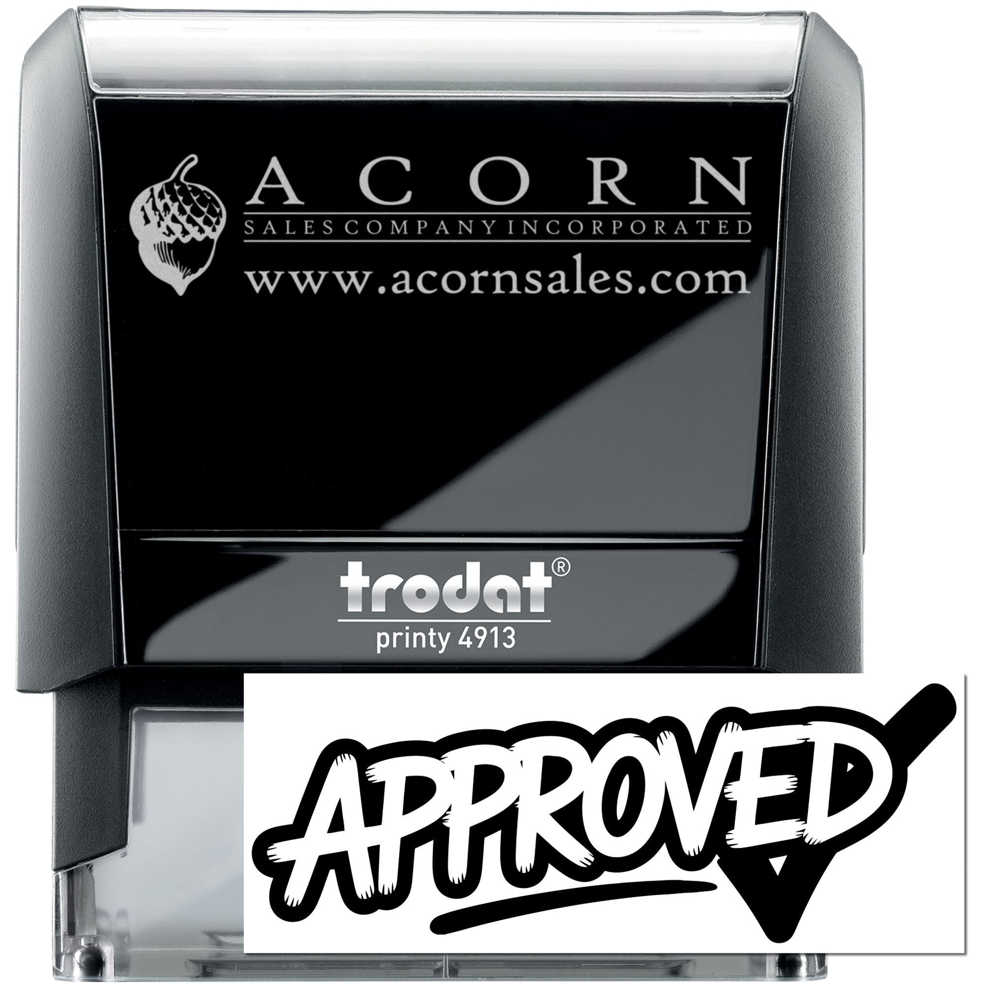 Custom self-inking rubber stamp with Acorn Sales logo and approved imprint, Trodat Printy 4913 office stamp