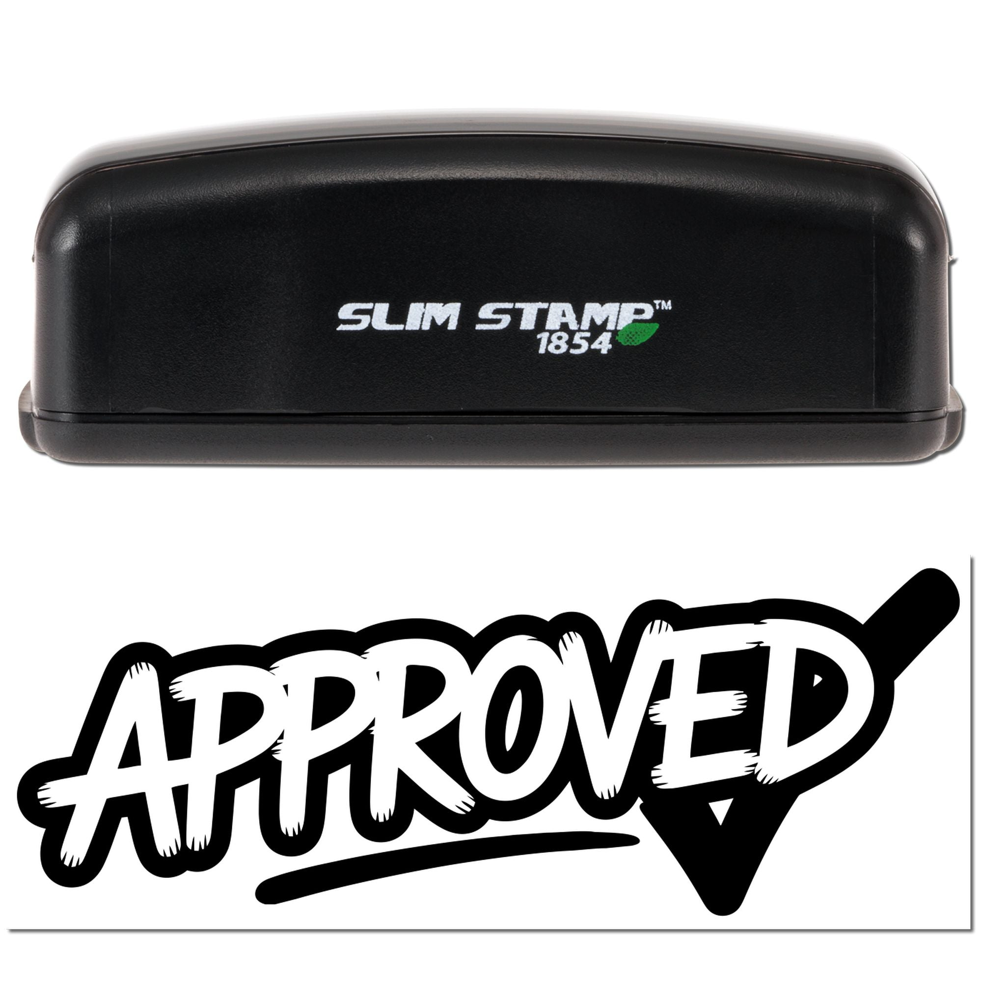 Slim Stamp 1854 self-inking rubber stamp with bold APPROVED imprint for office document approval.