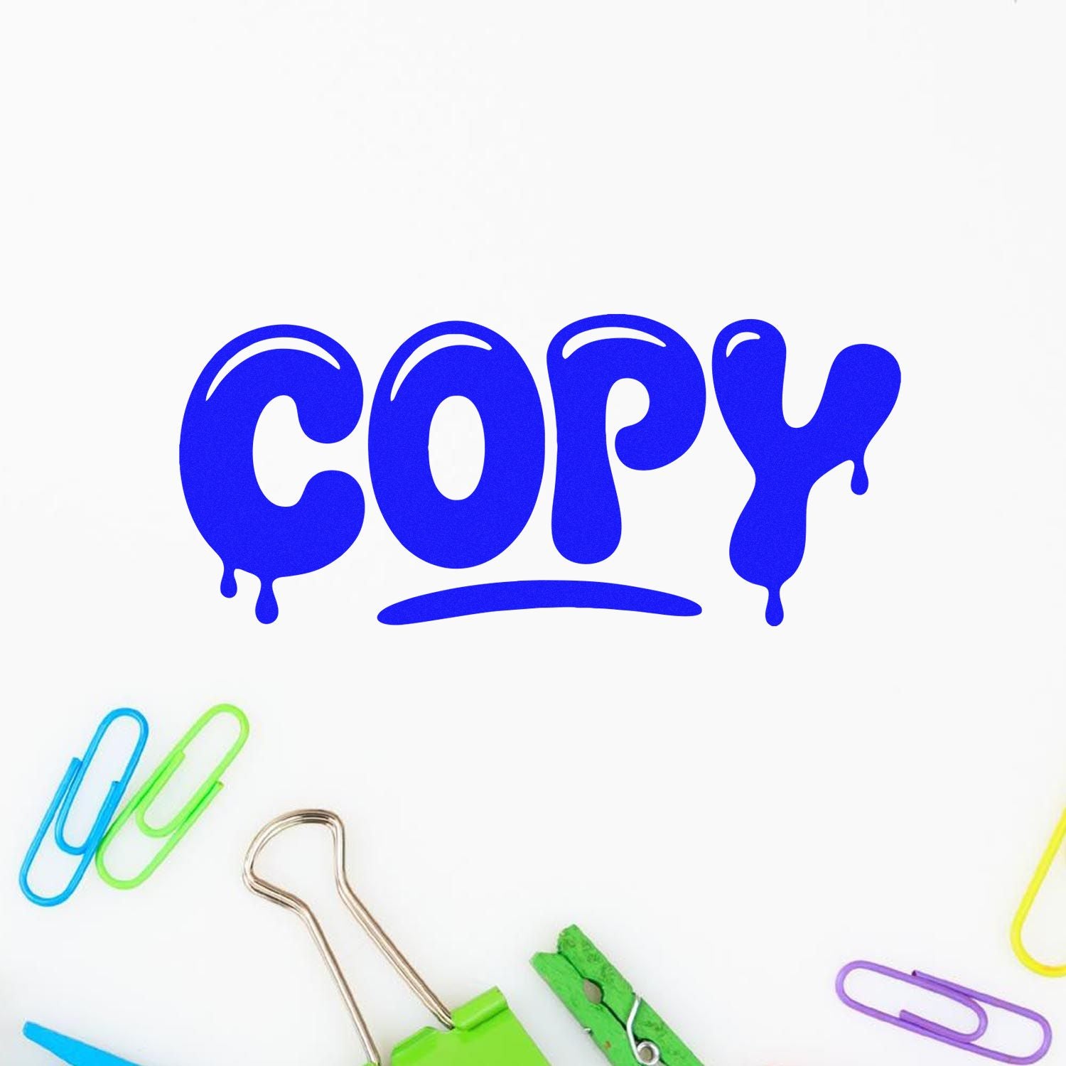 Blue COPY rubber stamp-style graphic with paper clips, ideal for office document marking and stationery branding.
