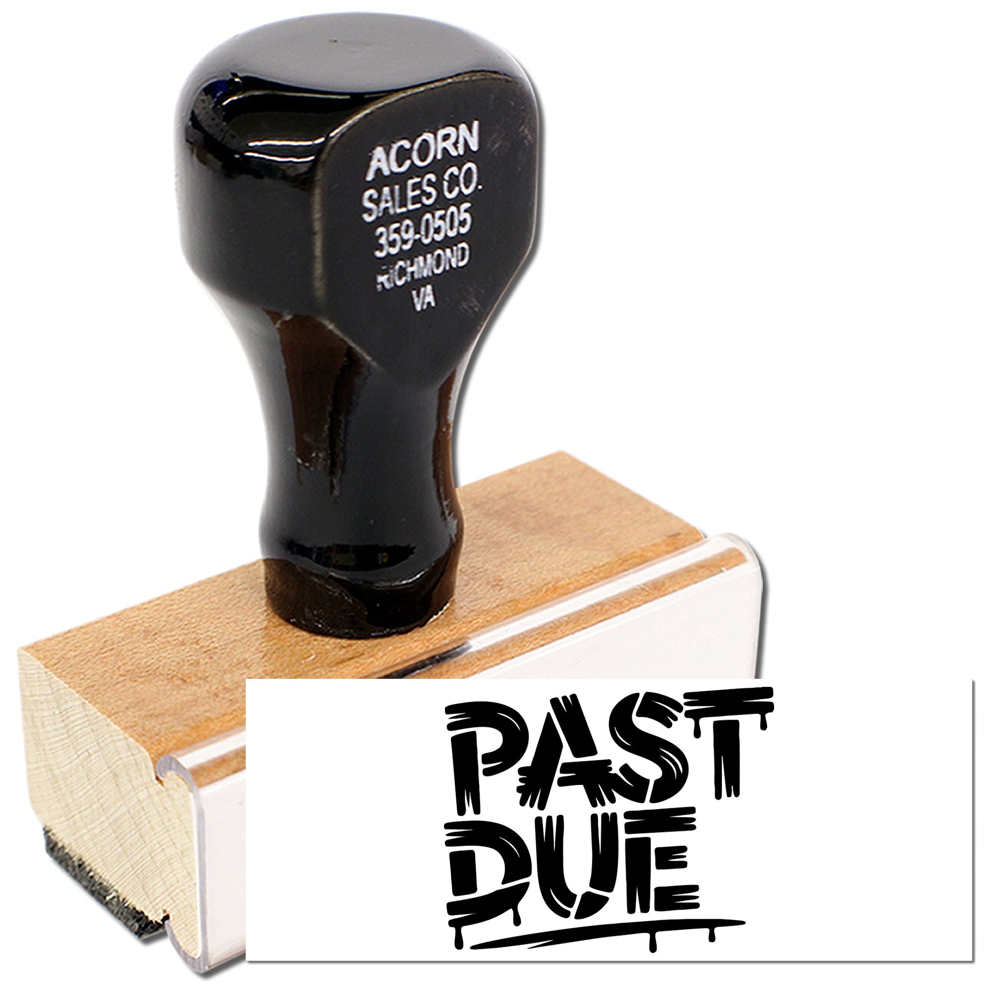Custom wood-handled rubber stamp with PAST DUE imprint for marking overdue invoices and documents.