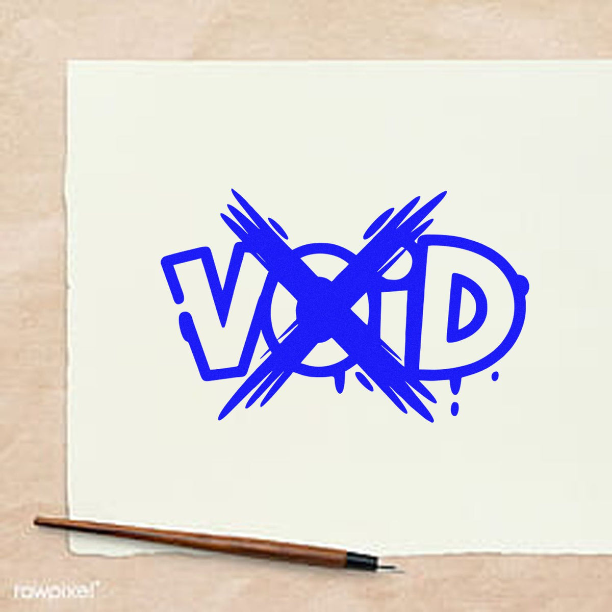 Blue VOID rubber stamp impression crossed out on paper, used to mark canceled or invalid documents.