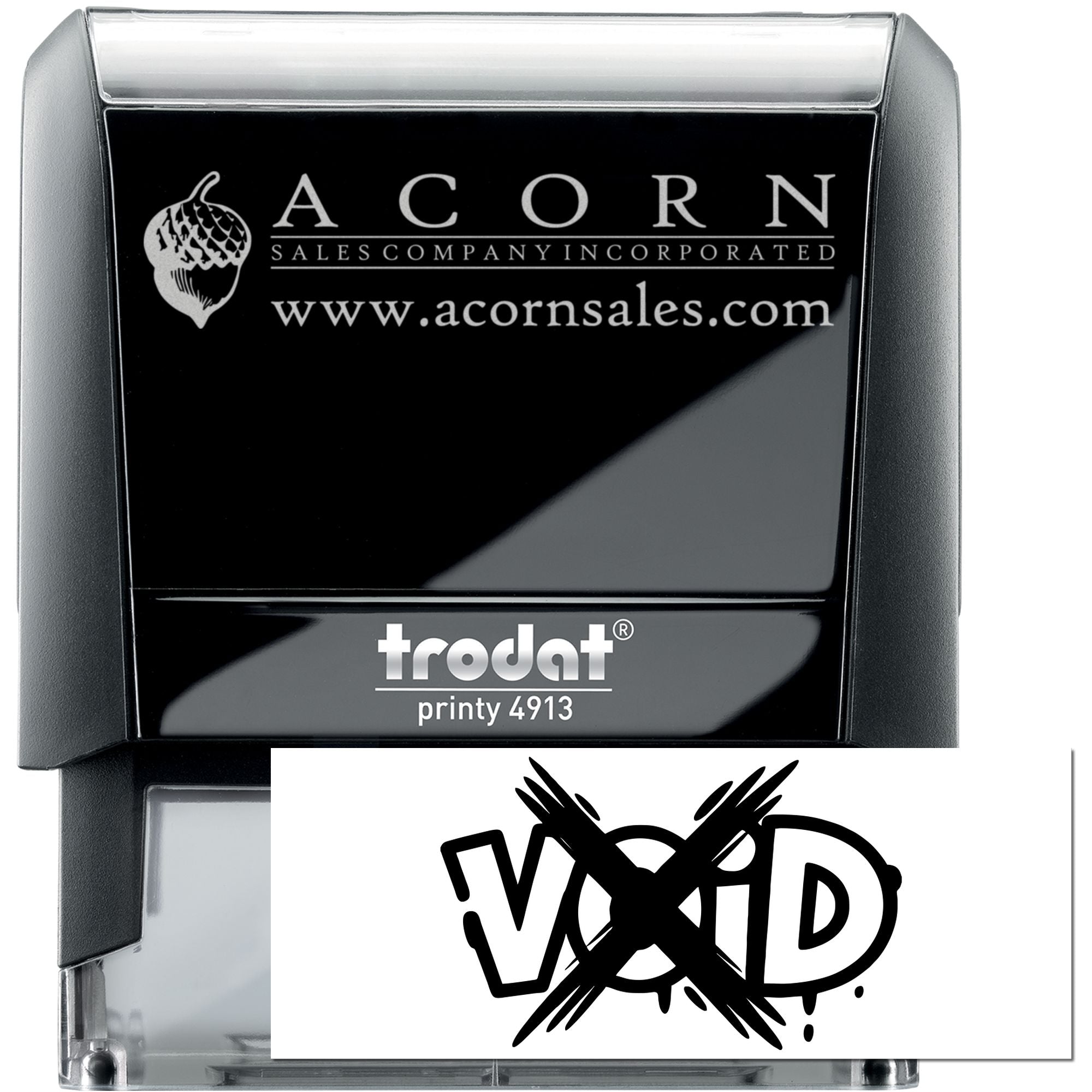 Custom self-inking rubber stamp Trodat Printy 4913 with Acorn Sales Company logo and VOID imprint sample.