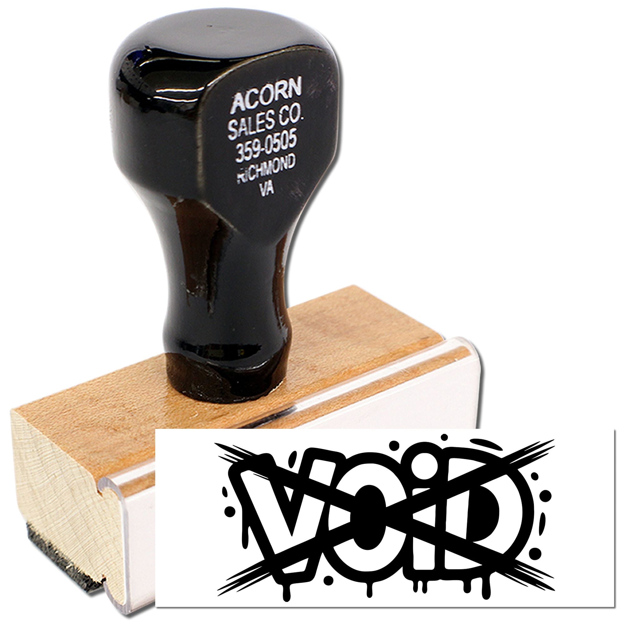 Custom rubber stamp with wood handle and logo imprint for Acorn Sales Co. business branding in Richmond, VA