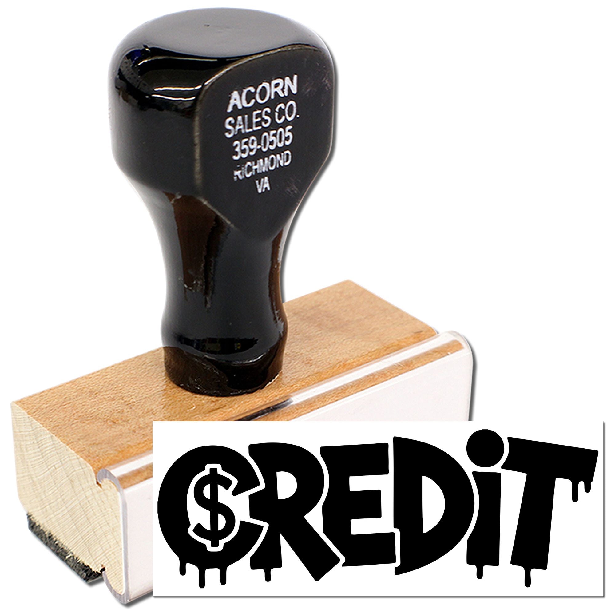 Custom rubber credit stamp with business address for office accounting, billing, and bookkeeping tasks.