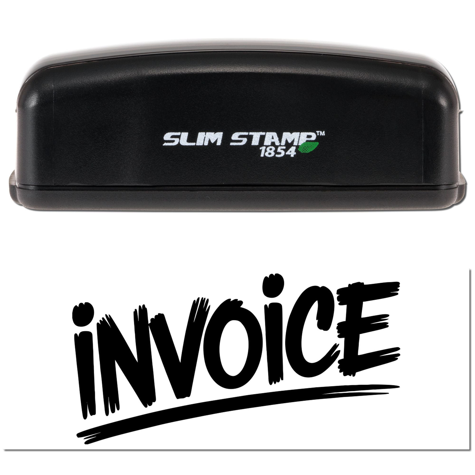 Slim Stamp 1854 invoice rubber stamp with bold INVOICE imprint for billing and bookkeeping.