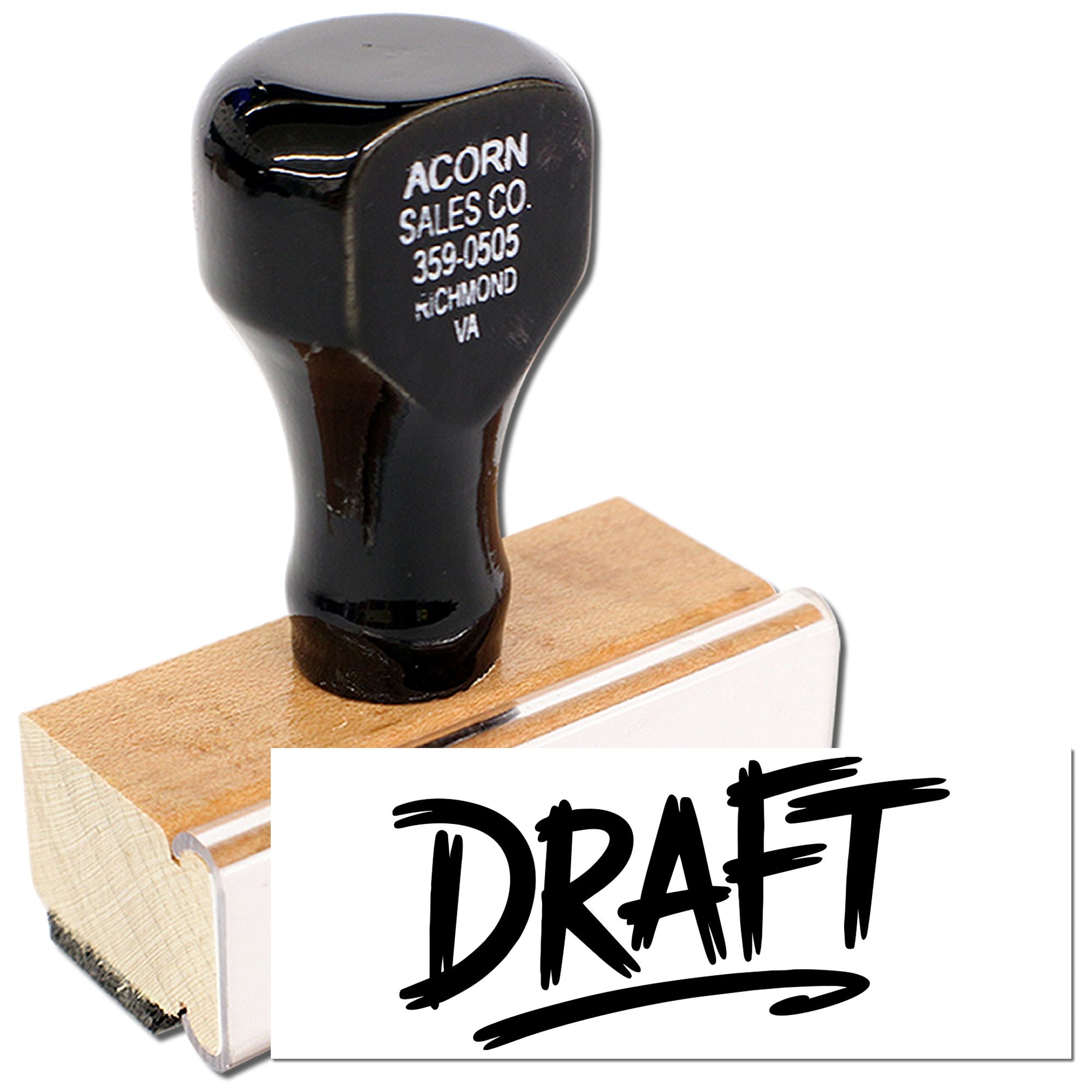 Custom wood rubber stamp with DRAFT imprint for marking documents, proofs, and files under review.