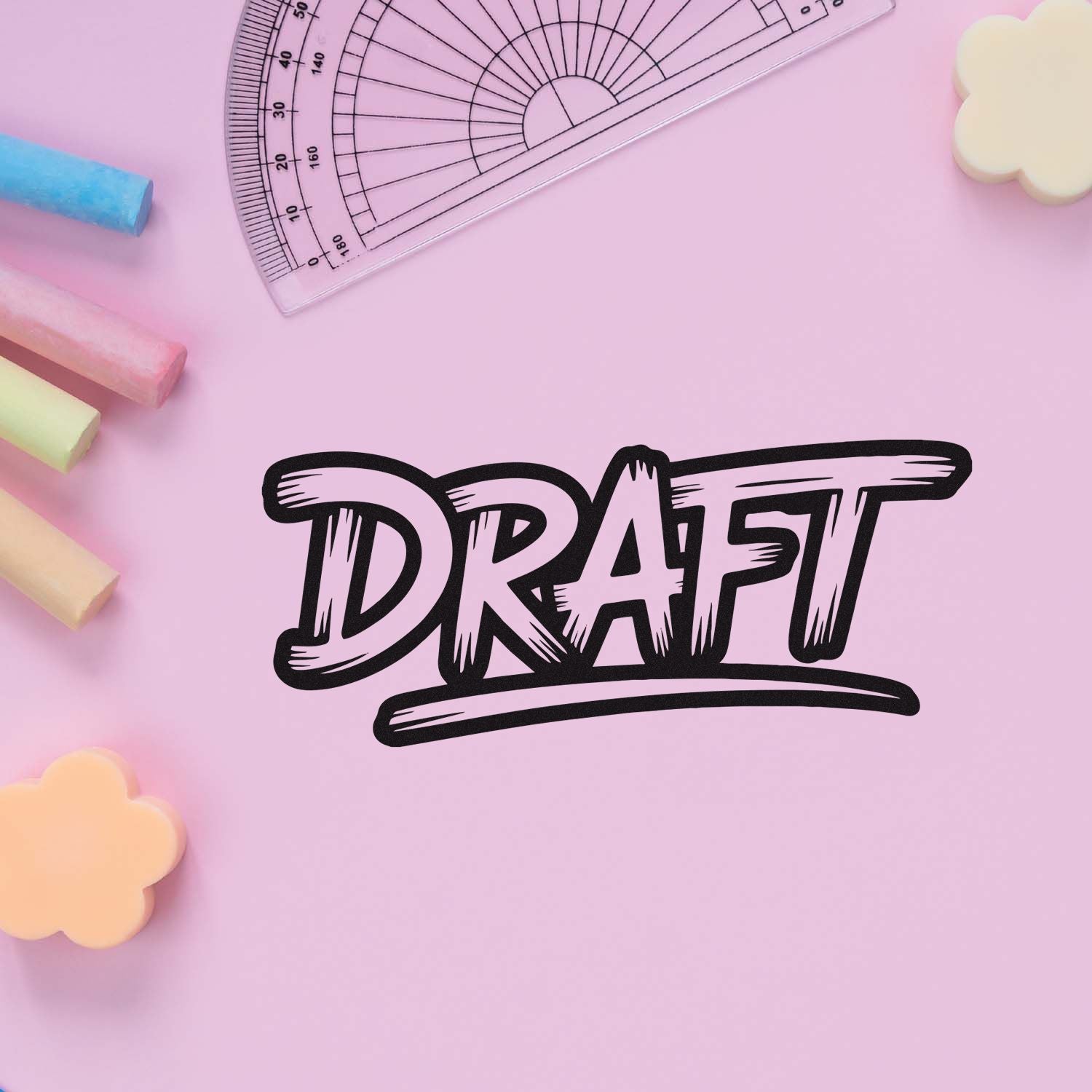 Custom draft rubber stamp design with bold hand-drawn lettering, styled on pastel pink school stationery background.