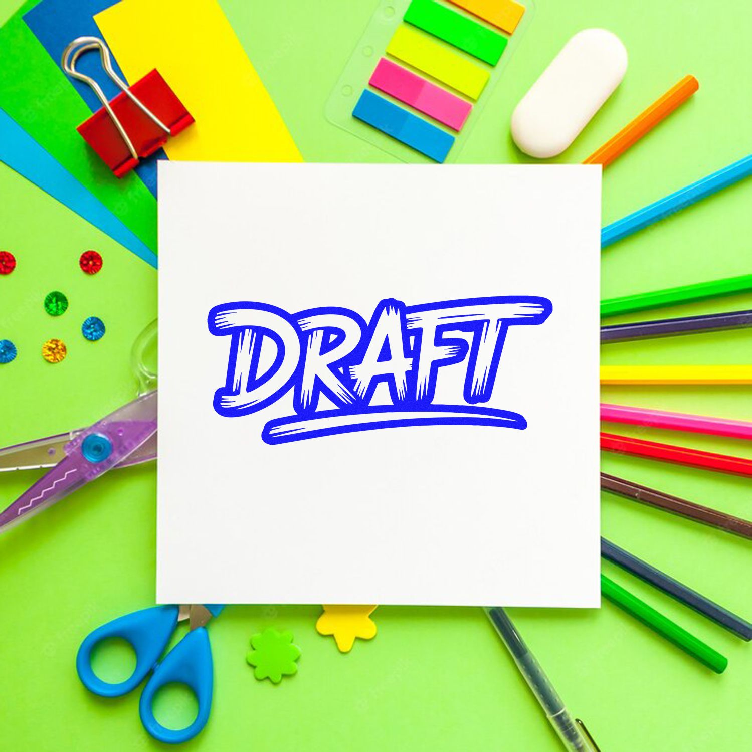 Draft rubber stamp on blank paper, surrounded by colorful office supplies and stationery.