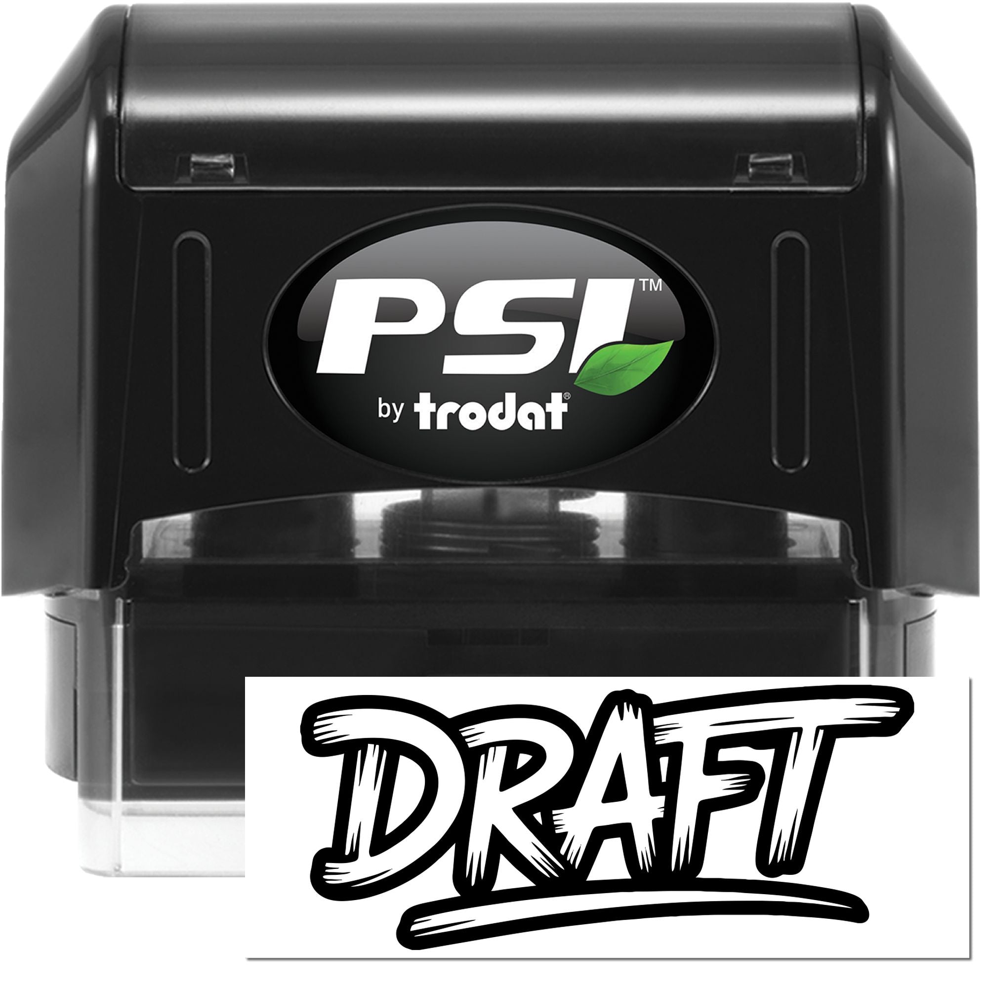 PSI by Trodat self-inking rubber stamp with bold DRAFT imprint for marking documents and approval status.