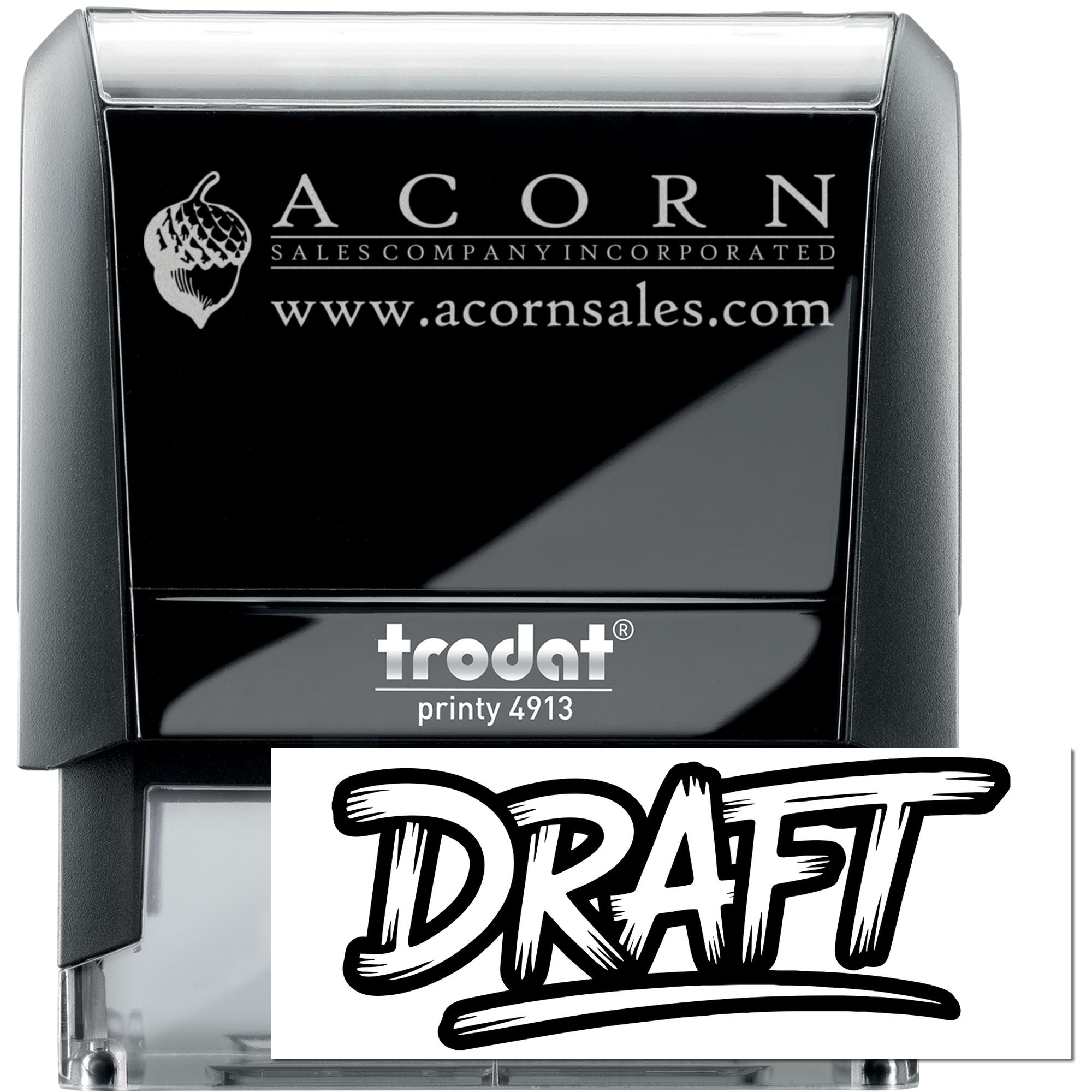 Custom self-inking logo rubber stamp for Acorn Sales Company, featuring website and DRAFT imprint, Trodat Printy 4913.