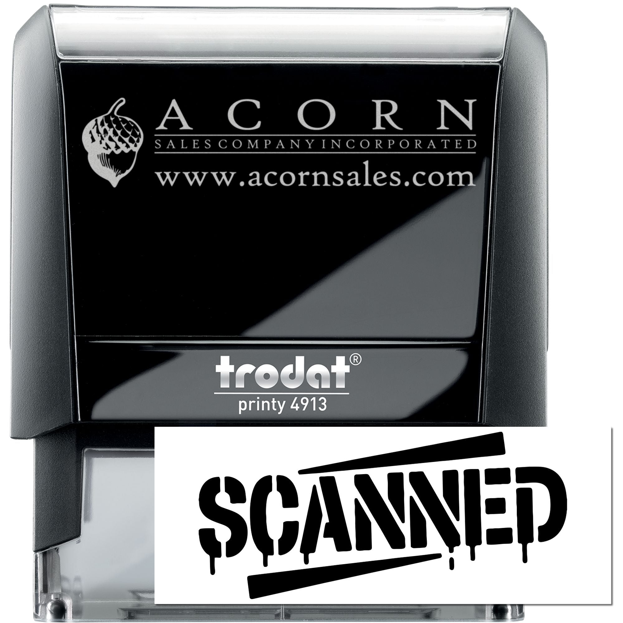 Custom self-inking rubber stamp, Trodat Printy 4913, with Acorn Sales Company logo and SCANNED imprint.