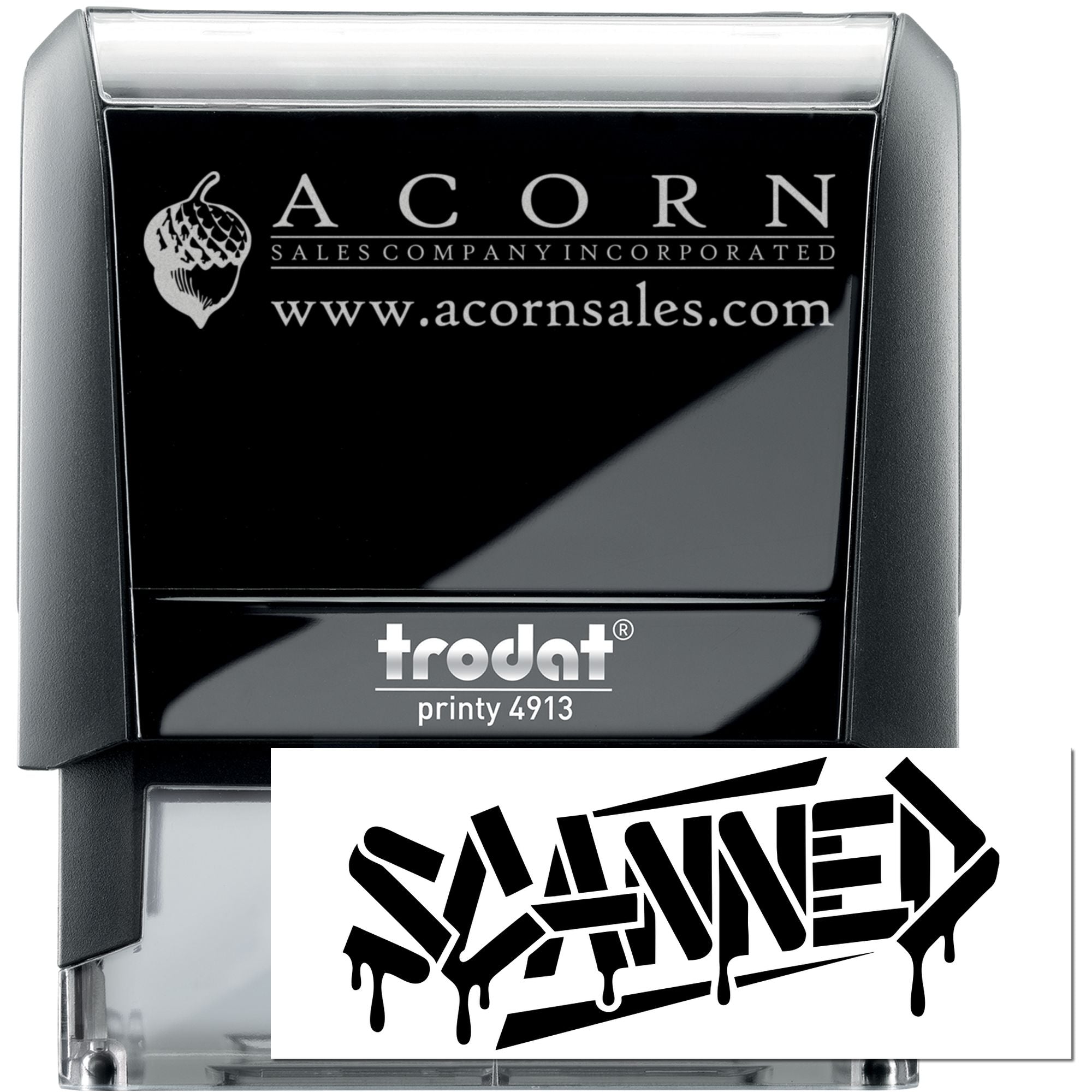Custom self-inking rubber stamp, Trodat Printy 4913, with Acorn Sales Company logo and sample SAVE! imprint.