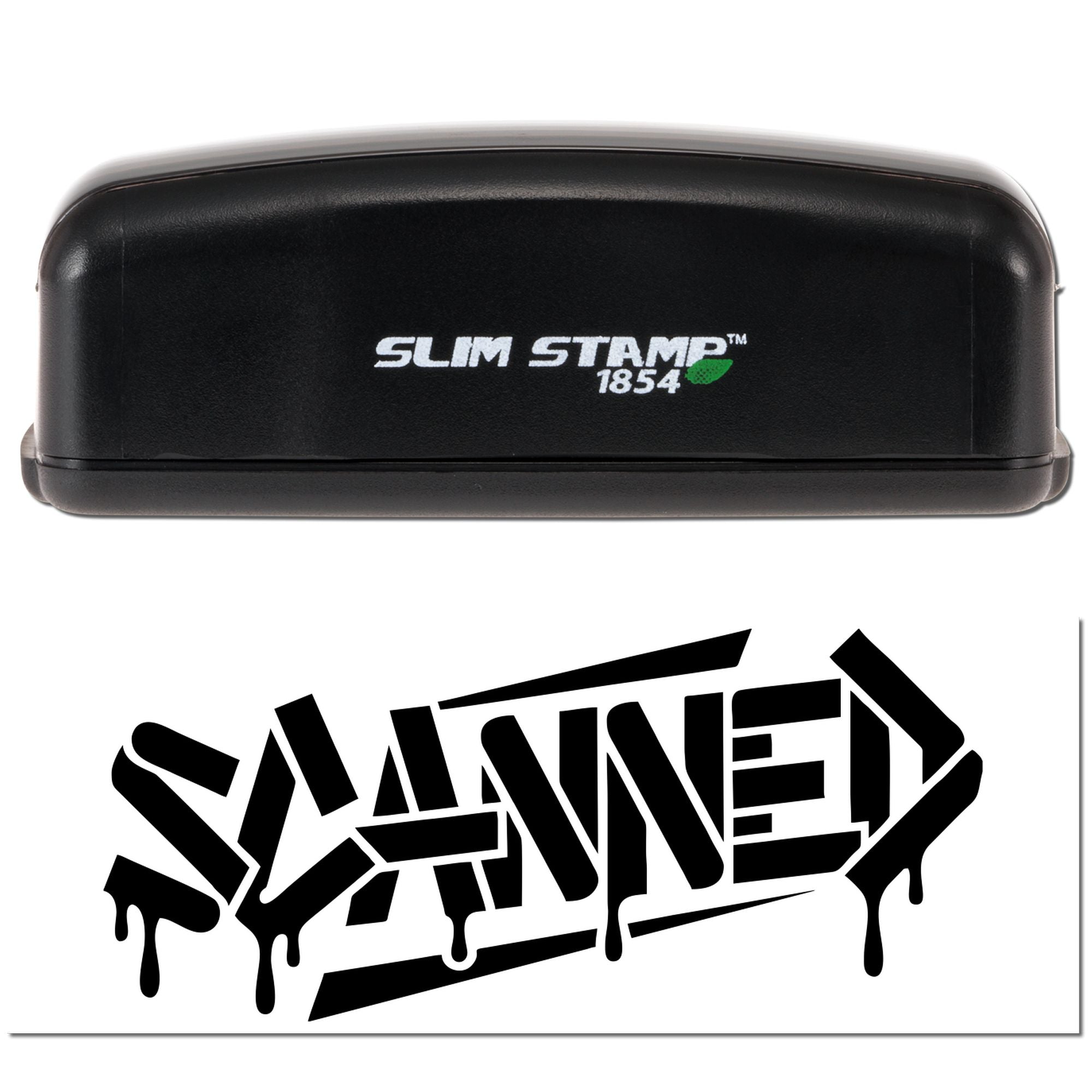 Slim Stamp 1854 self-inking rubber stamp with bold graffiti-style custom logo imprint.