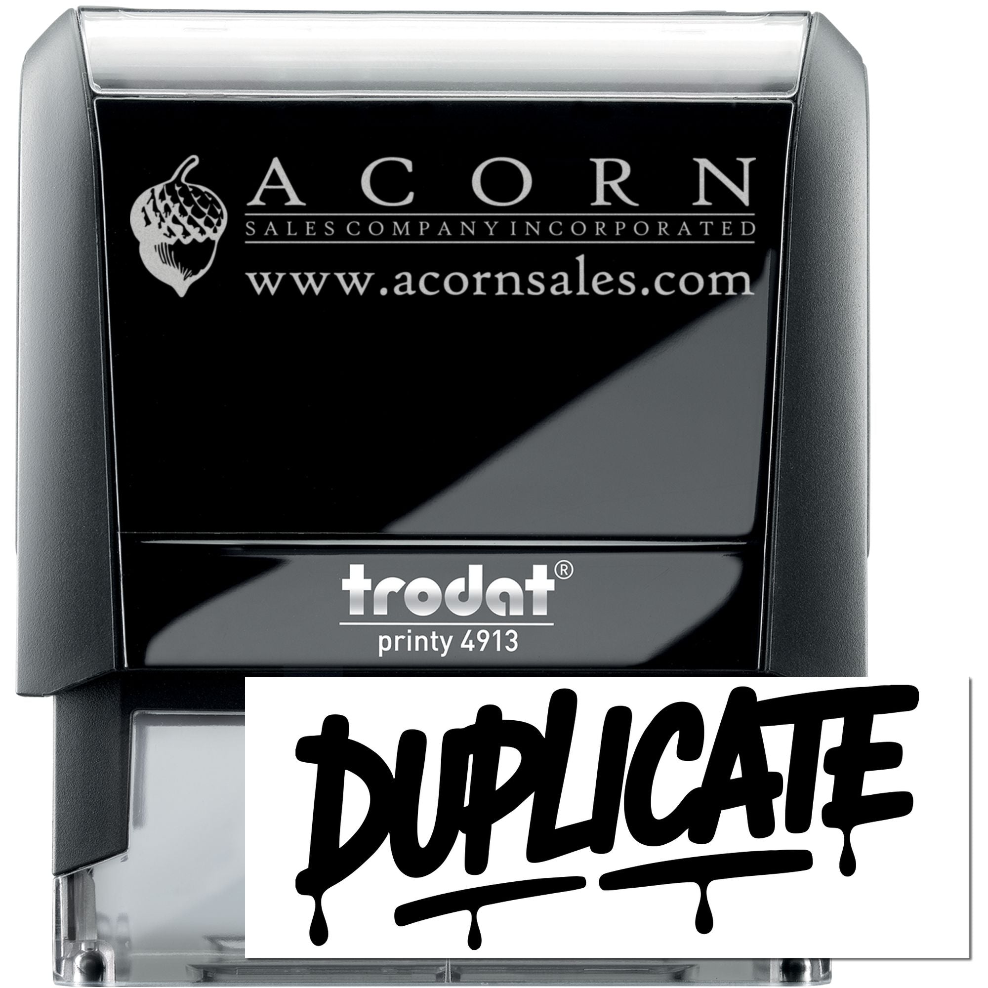 Custom self-inking rubber business stamp with Acorn Sales Company Incorporated logo, website, and duplicate imprint, Trodat Printy 4913.