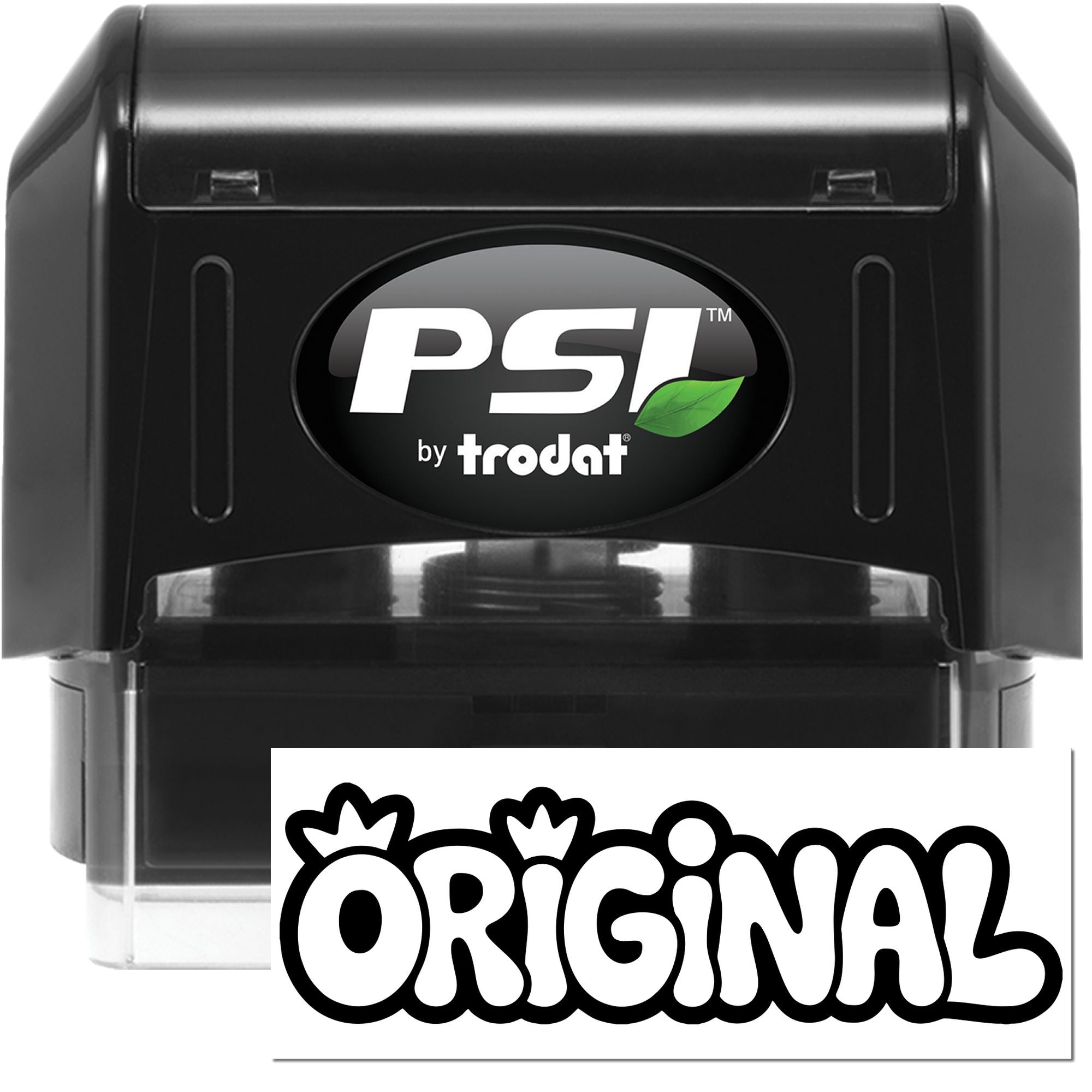 PSI by Trodat self-inking rubber stamp with original bubble-letter imprint, ideal for custom branding and labeling.