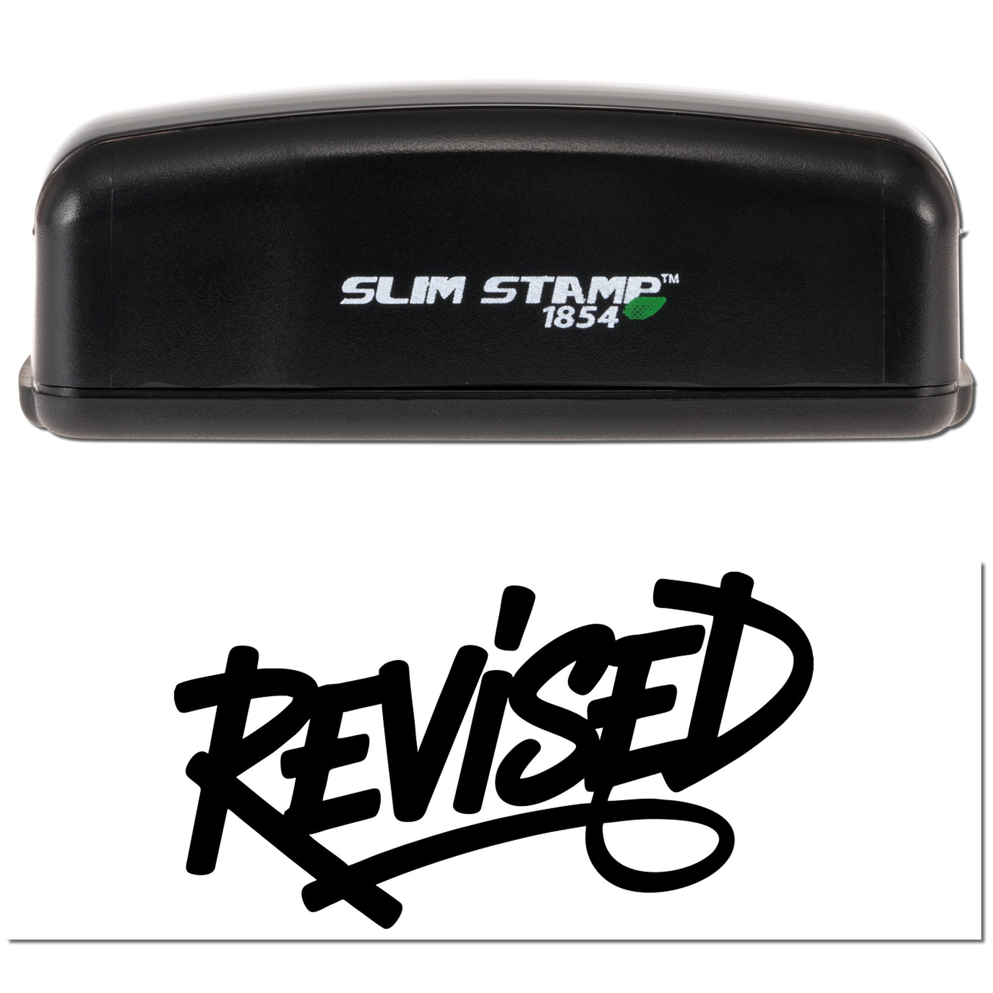 Slim Stamp 1854 self-inking rubber stamp with bold REVISED imprint for document approval and office use.