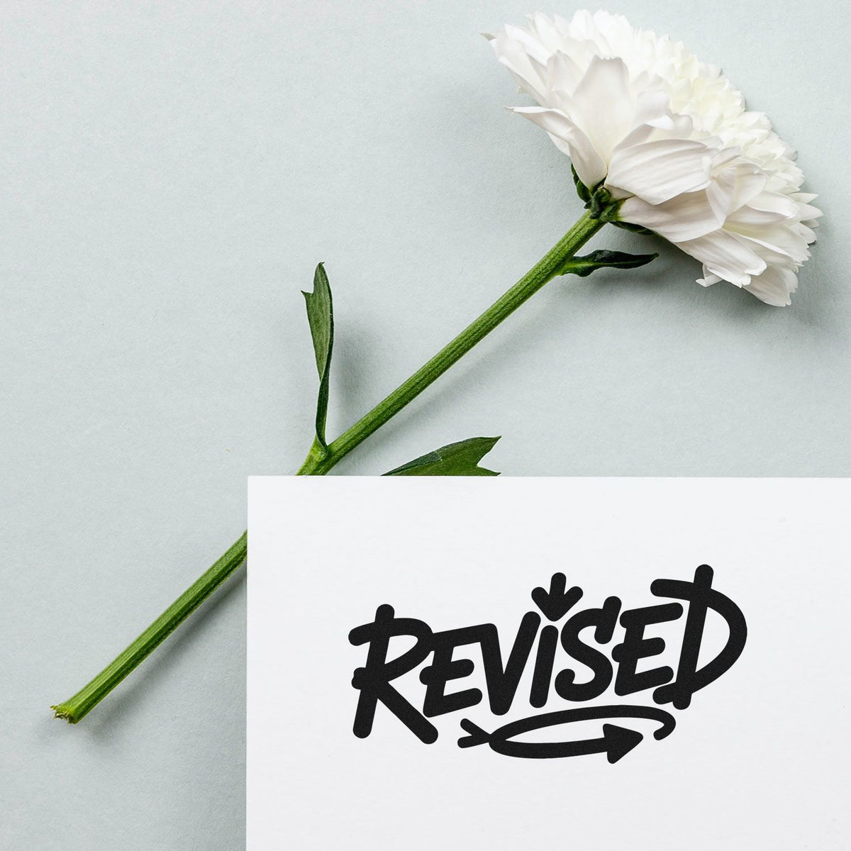 Revised rubber stamp on paper with white flower, ideal for document editing, office review, and approval workflows.