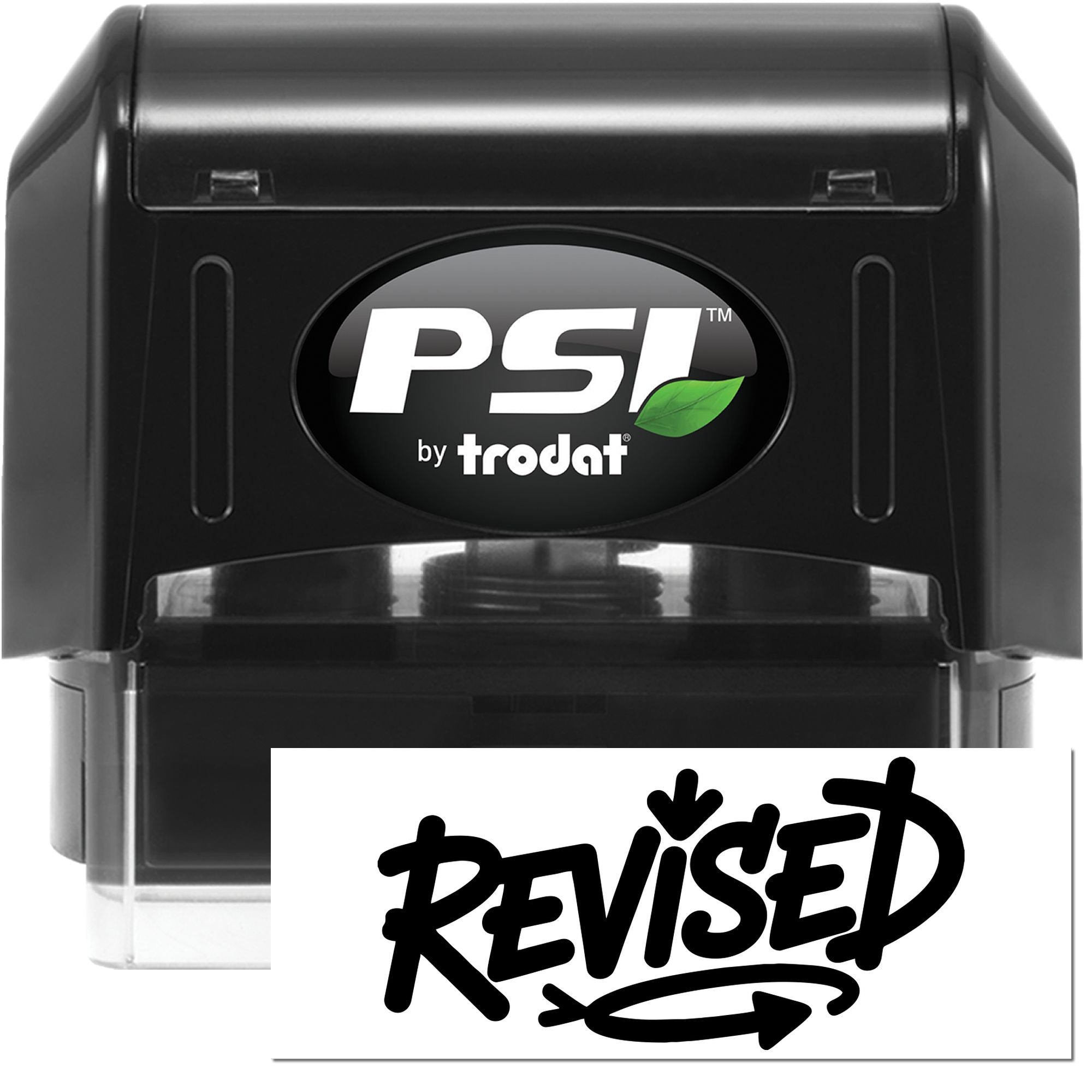 PSI by Trodat self-inking rubber stamp with Revised impression for document approval and office use.