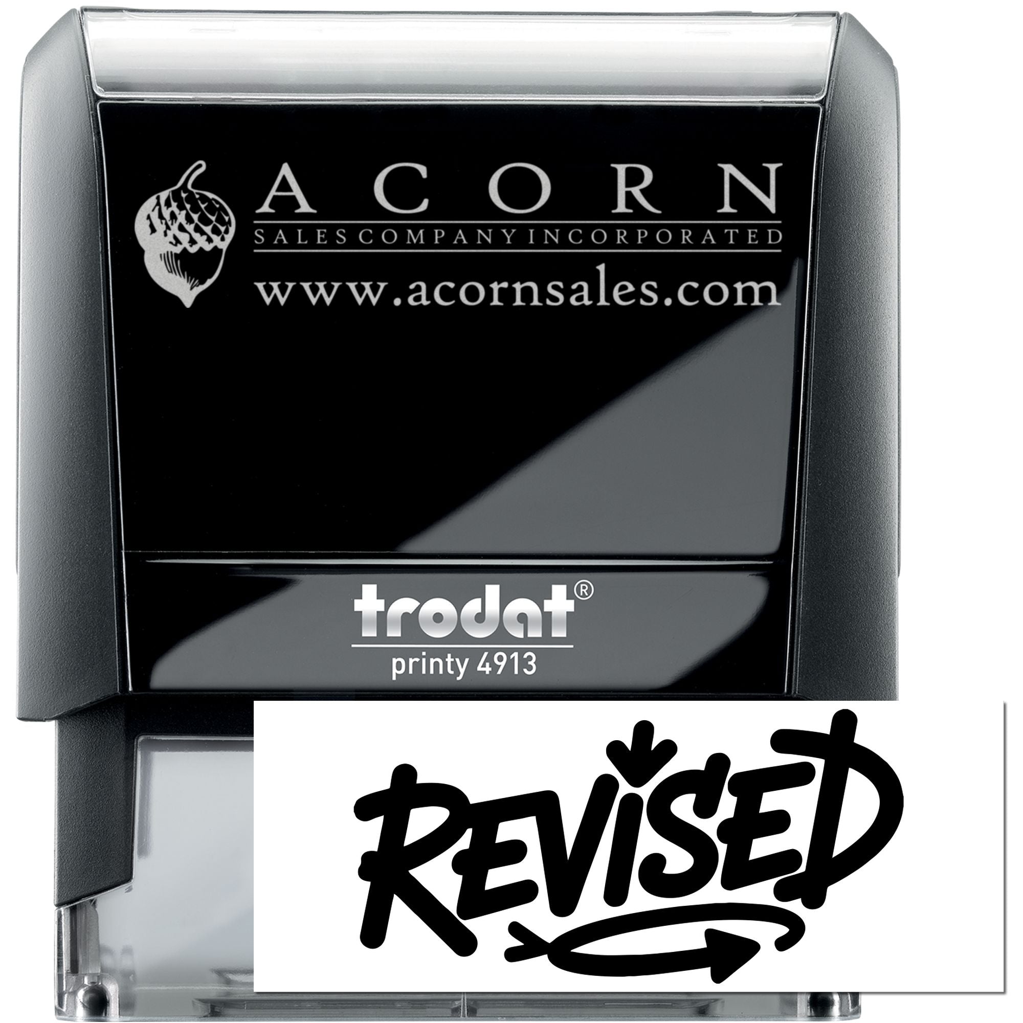 Custom Trodat Printy self-inking rubber stamp for Acorn Sales Company, featuring logo, website, and Revised imprint.