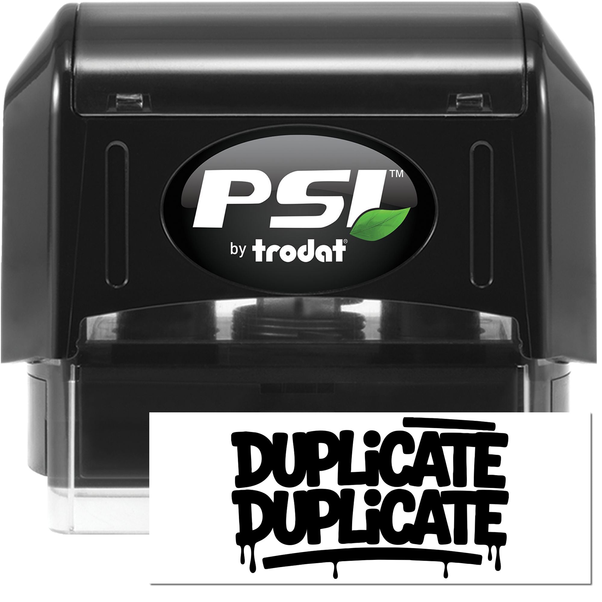 PSI by Trodat self-inking rubber stamp showing a Duplicate imprint for fast office document labeling.